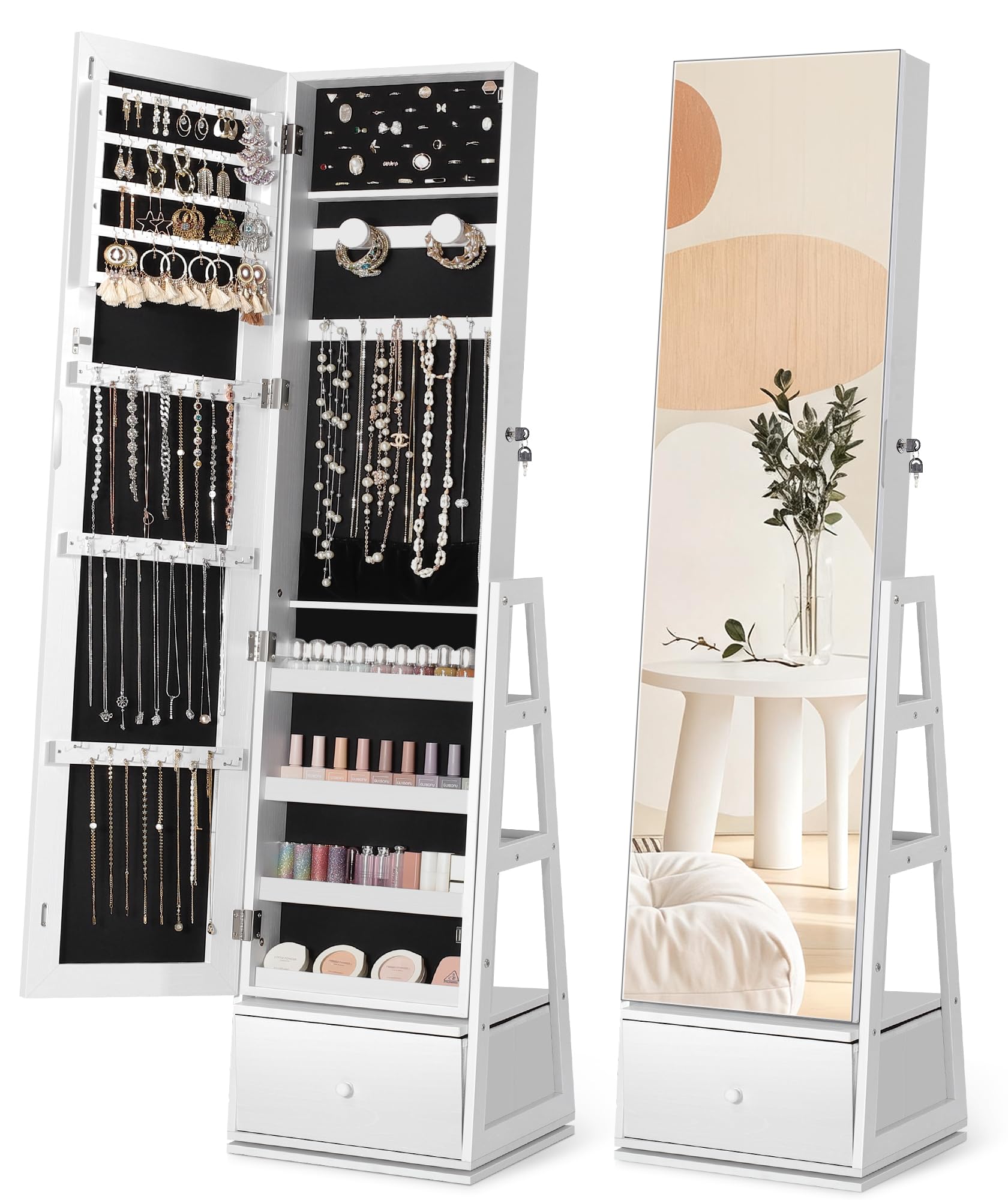 Nicetree 360°Swivel Jewelry Cabinet, Rotatable Full Length Mirror with Jewelry Storage, Standing Jewelry Armoire Organizer, Lockable Jewelry Organizer