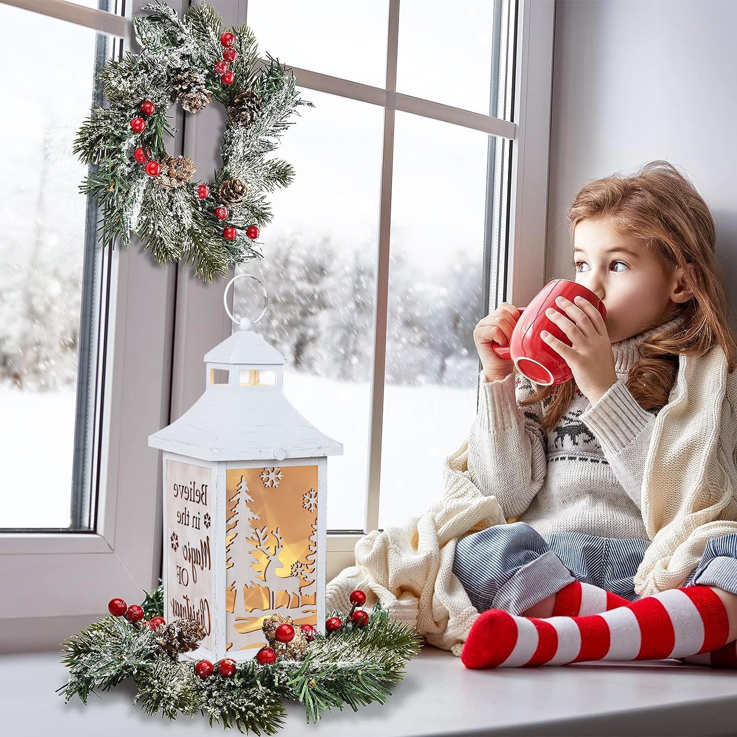 DECORKEY Christmas Decorations for Home, Decorative Christmas Reindeer Lantern Indoor Outdoor Decor, Metal Hanging Candle Holder with an LED String Lights for Table Centerpieces, Patio, Porch