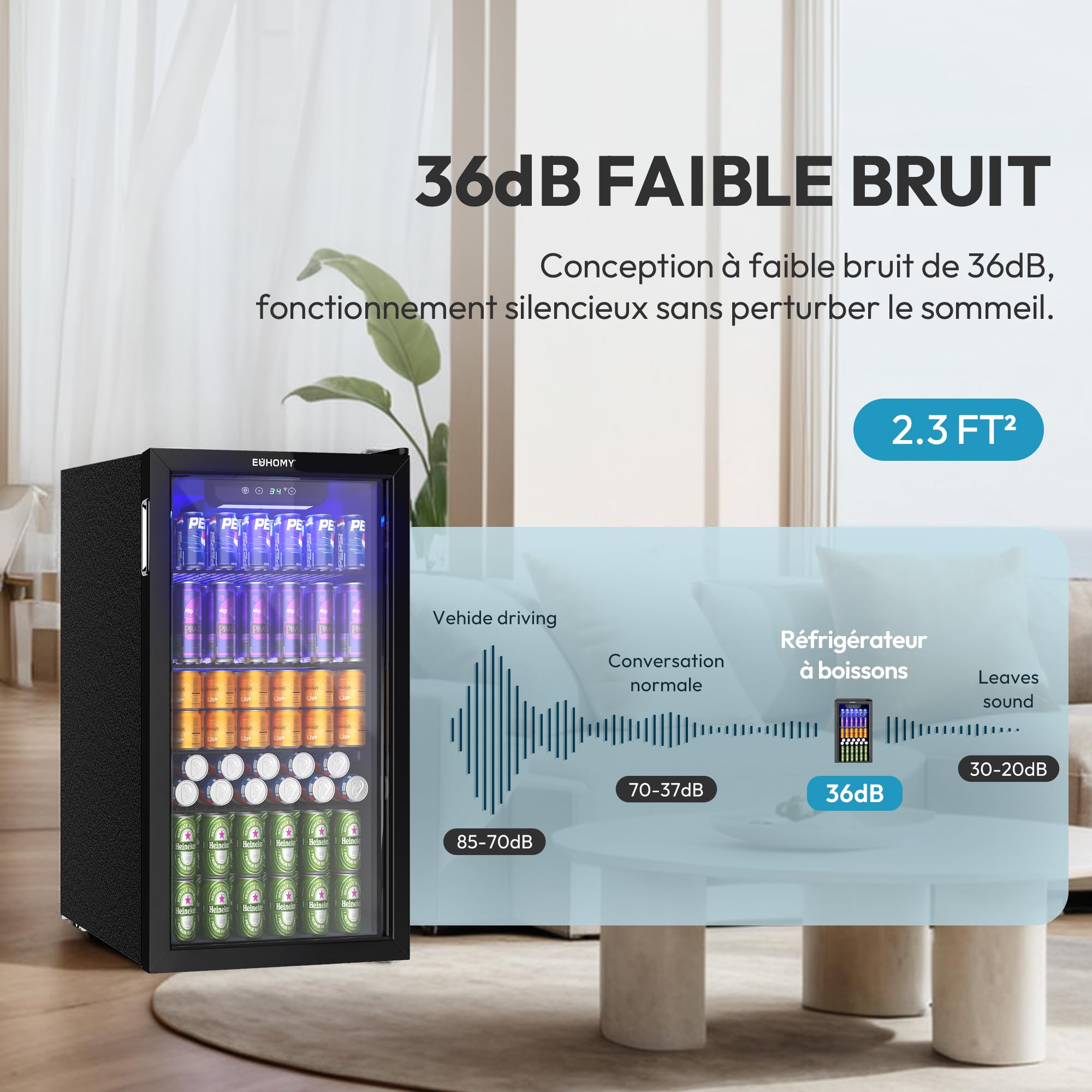 EUHOMY Réfrigérateur à Boissons 90 L Avec Porte Vitrée, Mini Frigo Pour 126 Canettes, Mini Réfrigérateur Avec étagères Réglables, Idéal Comme Cave à Vin, Mini Réfrigérateur Pour Bureau ou Bar Noir