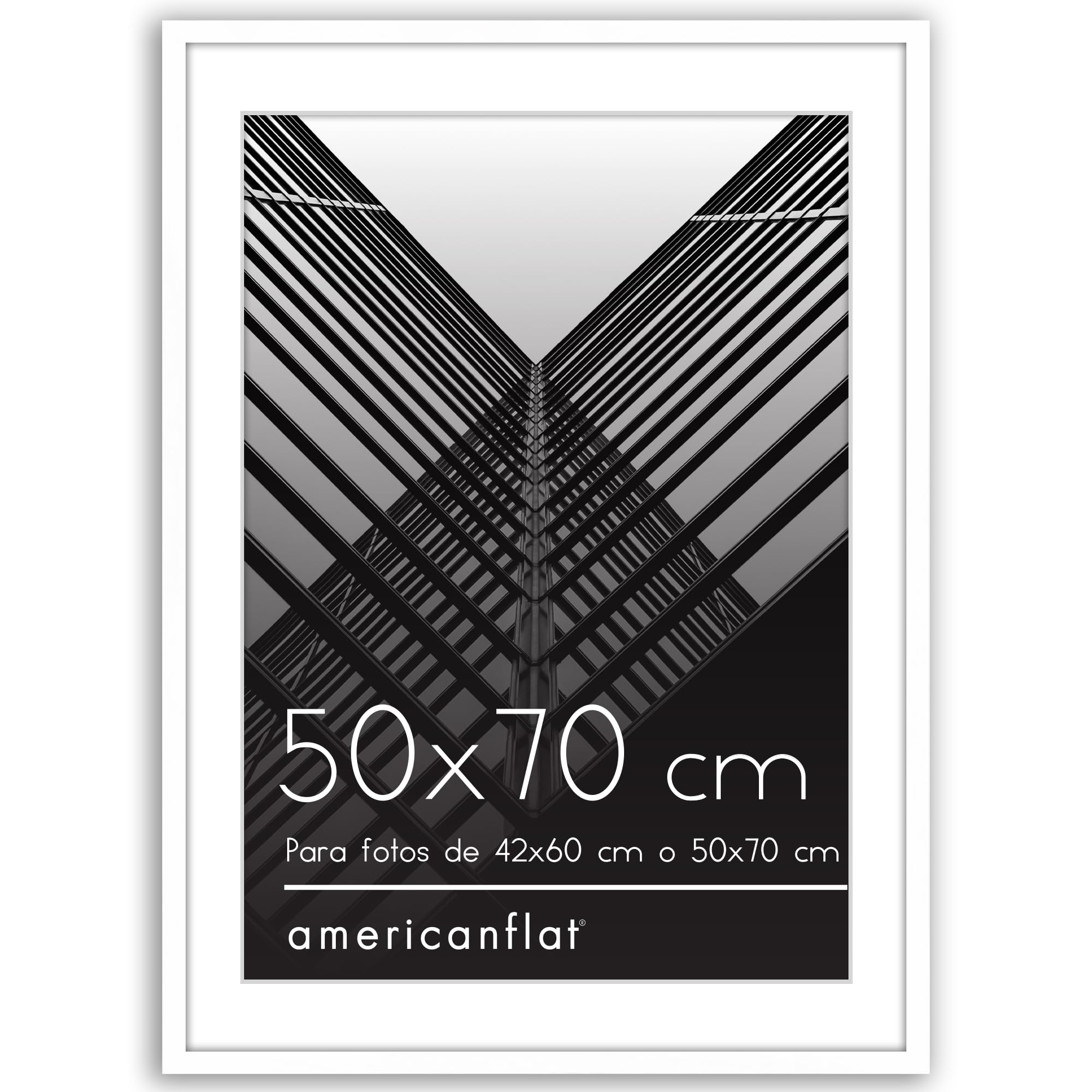 Americanflat Marco de Fotos de 50x70 cm en Blanco Marco de 42x60 cm con Paspartú o Marco de 50x70 cm Sin Paspartú Marco de Fotos con Molduras Finas y Plexiglás Horizontal o Vertical Marco Fotos Pared