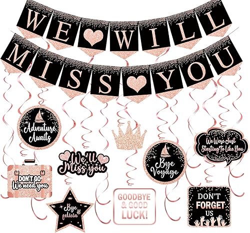 Kit de suministros de decoración de fiesta de despedida de oro rosa, pancarta con texto en inglés "Will Miss You", decoración de remolinos colgantes