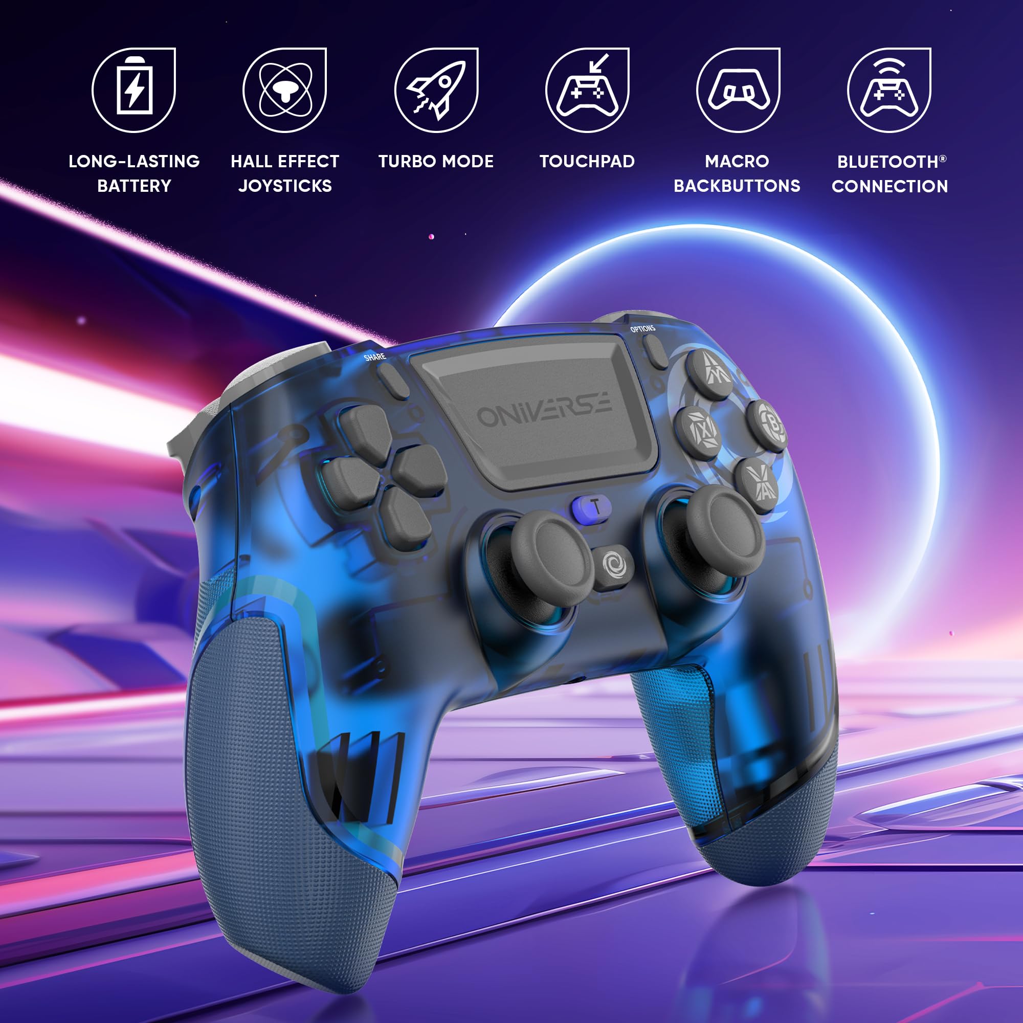 Oniverse Controller Wireless per PS4 PS3 PC ANDROID iOS, Uscita Cuffie, Joystick Hall Effect, Batteria Ricaricabile 1000mAh, Giroscopio 6 Assi, Revolt Neptune Blue