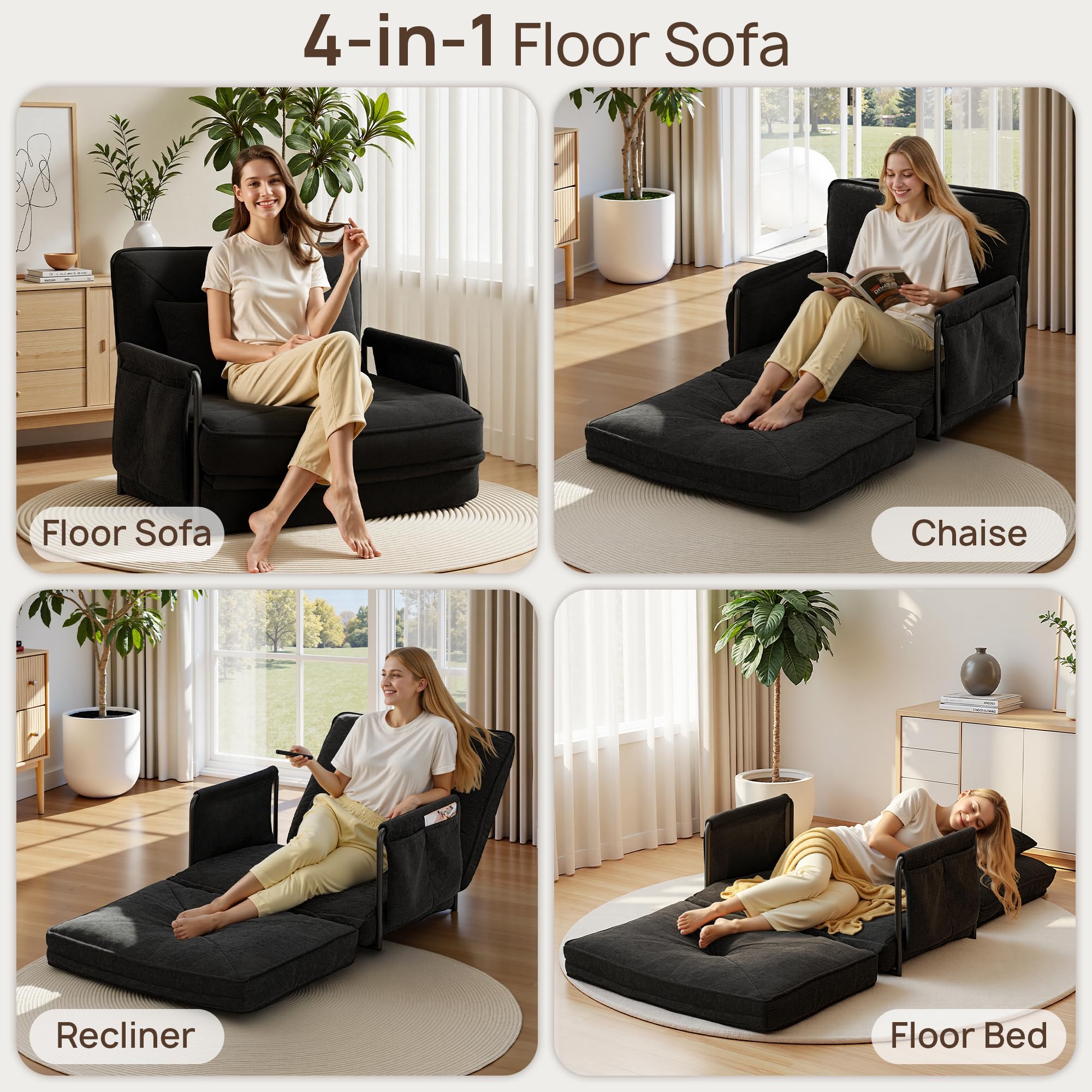 YINIX Faltbares Schlafsofa mit 5-stufig Verstellbarer Rückenlehne, Schlafsessel freistehend, 3-in-1 Bodensofa-Lounge mit Kissen für Wohnzimmer & Gäste (75cm-Einzelsitz)