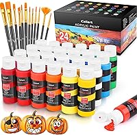 Caliart 24 Colors Acrylic Paint Set with 12 Brushes - Non-Toxic Art Supplies for Canvas, Rocks, Wood, Ceramics & Halloween Crafts