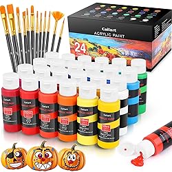 Caliart 24 Colors Acrylic Paint Set with 12 Brushes, Art Craft Paints Gifts Trendy Stuff for Adults Artists, Halloween Pumpkin Canvas Ceramic Rock Eggs Painting Kit Art Supplies