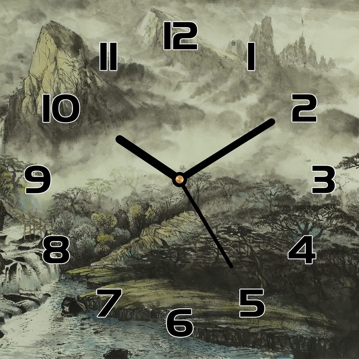 Horloge en verre cuisine salon 30x30 cm murale moderne paysage chinois brume