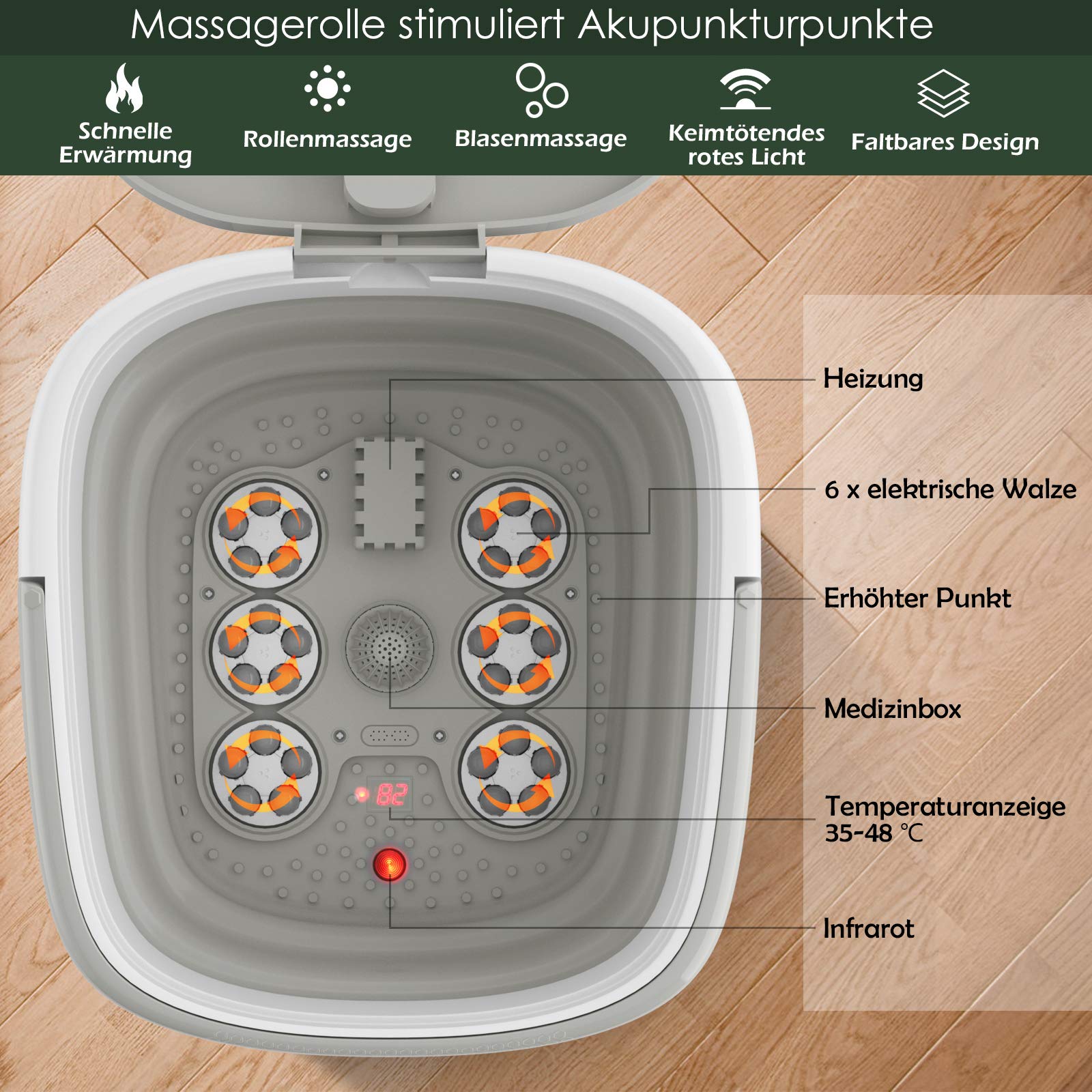 GOPLUS Fußmassagegerät klappbar, Fußbadewanne mit Massage & Heizung, elektrisches Fußmassagebad mit Fernbedienung, 36-48°C, 10-60 Min. Timer, Fußsprudelbad Massagegerät zur Stresslinderung (Grau)