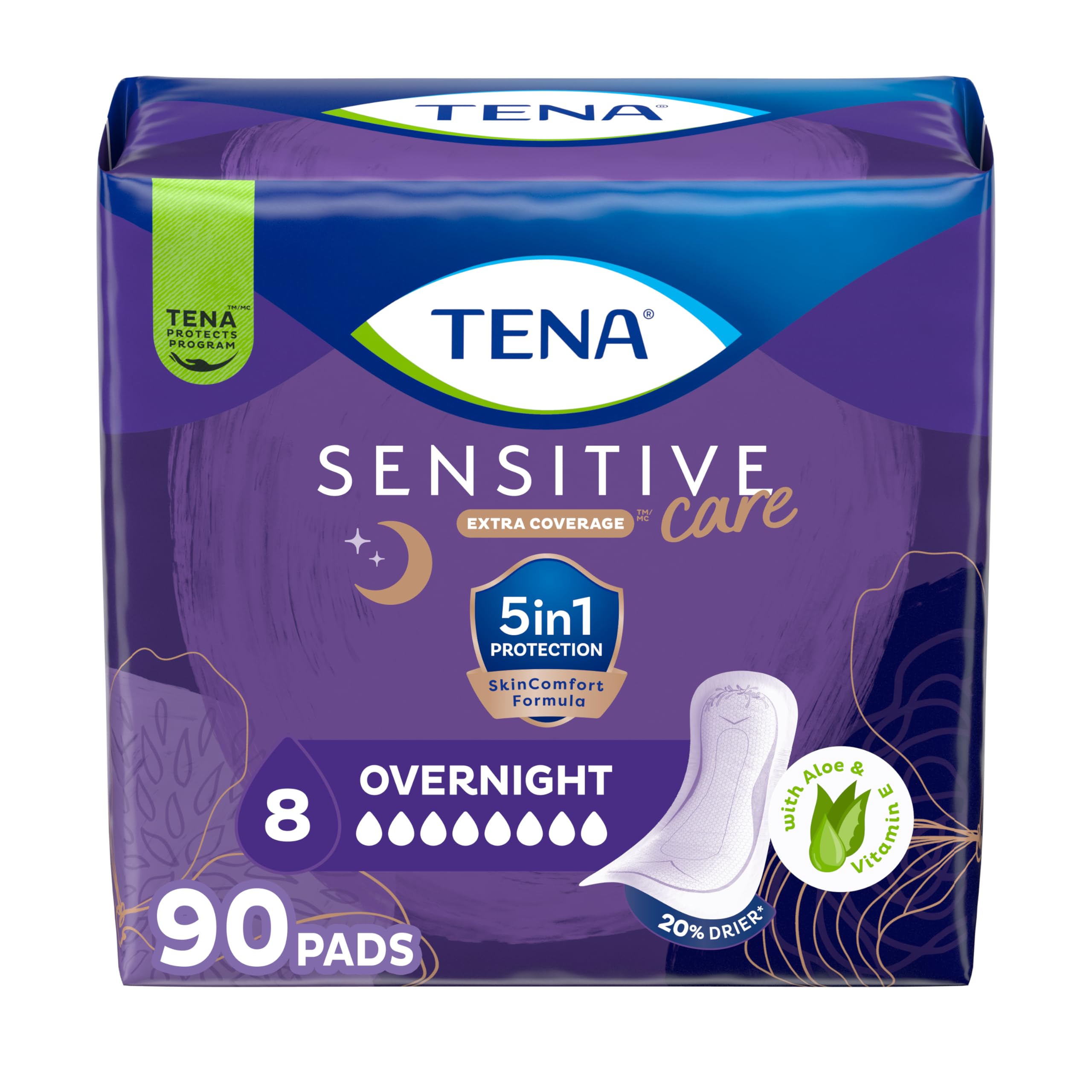 Sensitive Care Incontinence Pads, Bladder Control, Postpartum for Women, Overnight Absorbency, Extra Coverage, 90 Count
