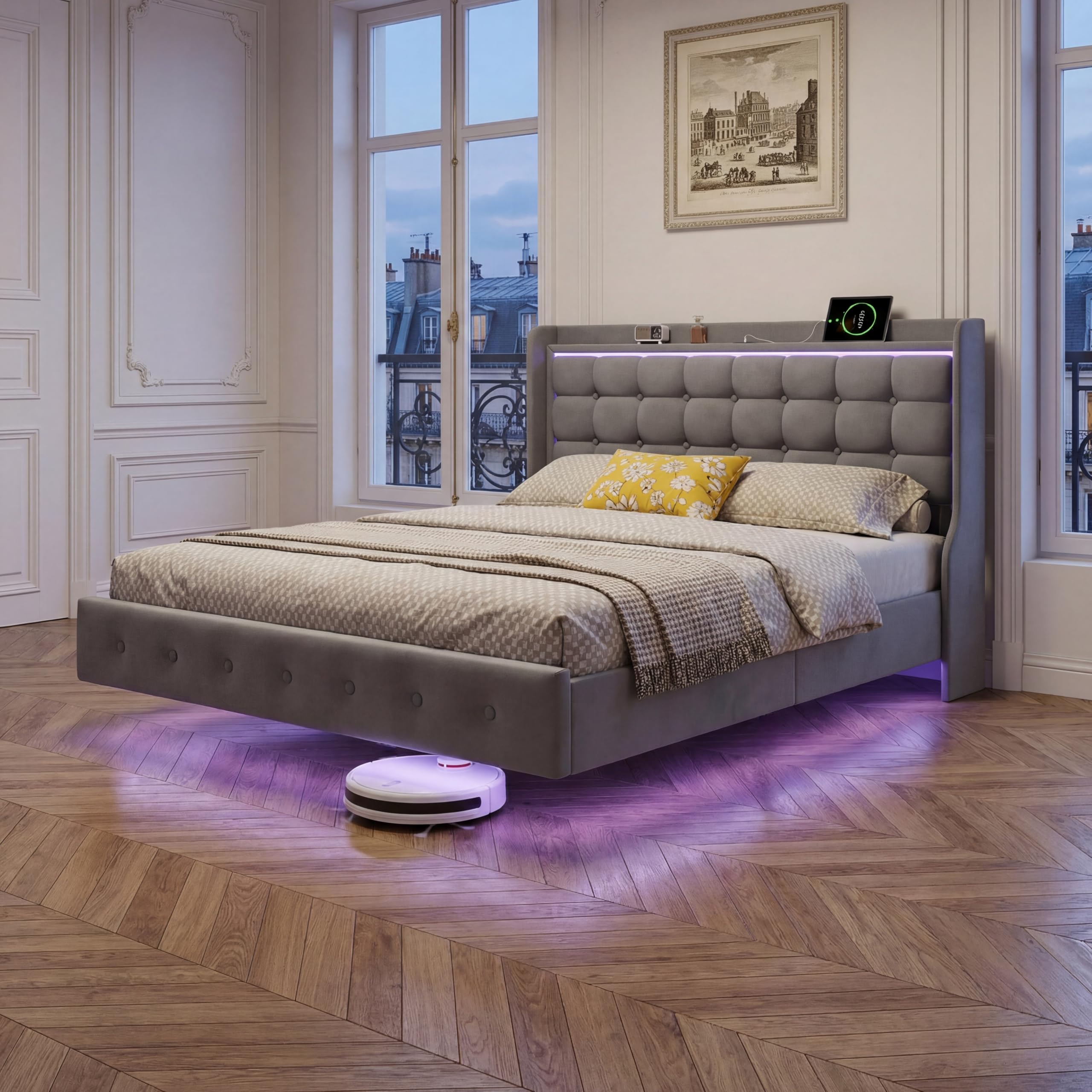 Letto 160 x 200 con rete, telaio letto multifunzionale, testiera imbottita con stoccaggio, struttura stabile, effetto galleggiante, velluto, grigio scuro (grigio scuro D, 160 x 200 cm)
