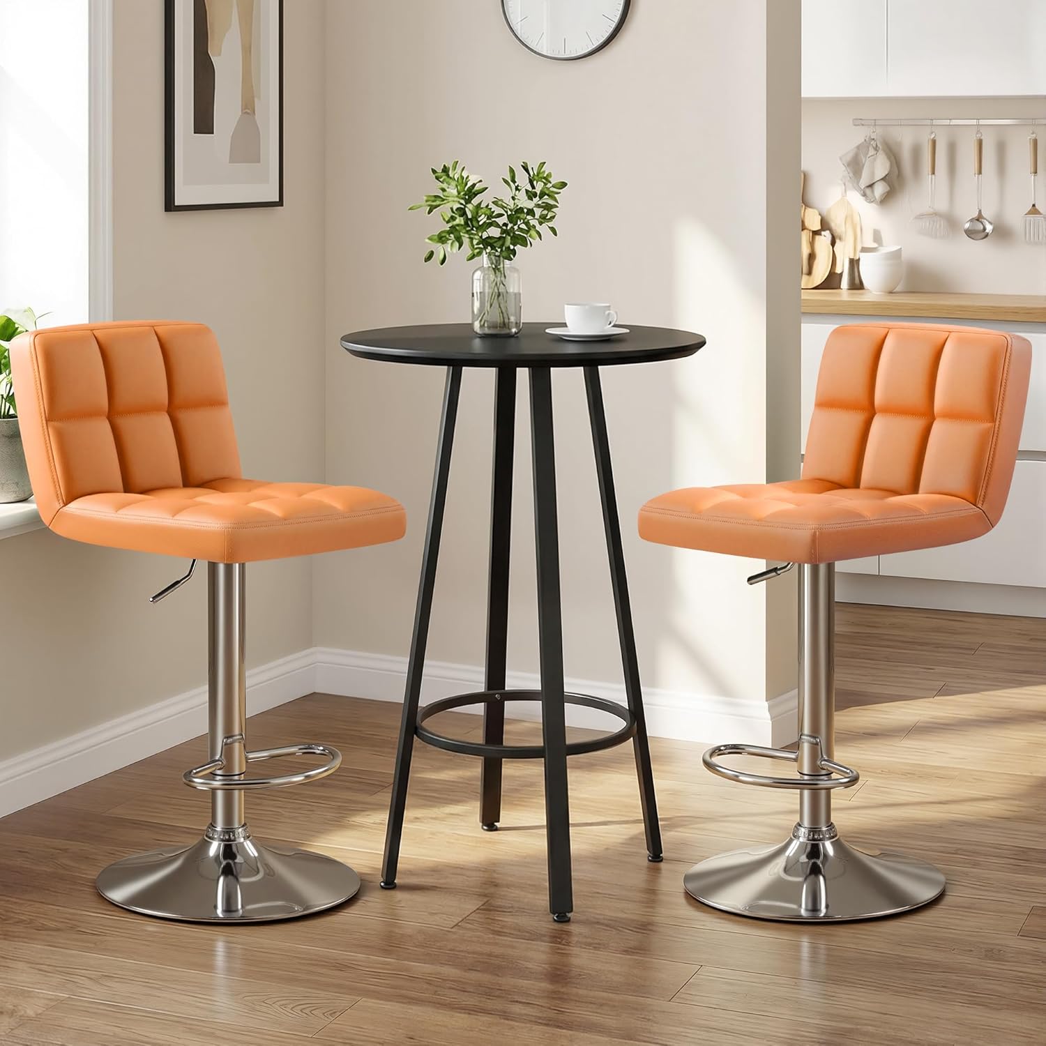 Shahoo Bar Stools Set of 2, Adjustable Height Armless Barstools Swivel Faux Leather Upholstered Kitchen Counter Stools with Mide Back and Footrest, Island Barstool for Kitchen Island, Bar, Orange