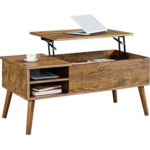 Yaheetech Lift Top Coffee Table with Hidden Storage Compartment and Adjustable Tabletop & Storage Shelf, Lift Tabletop Dining Center Table for Living Room, Solid Wood Legs, 39.5 Inch, Rustic Brown