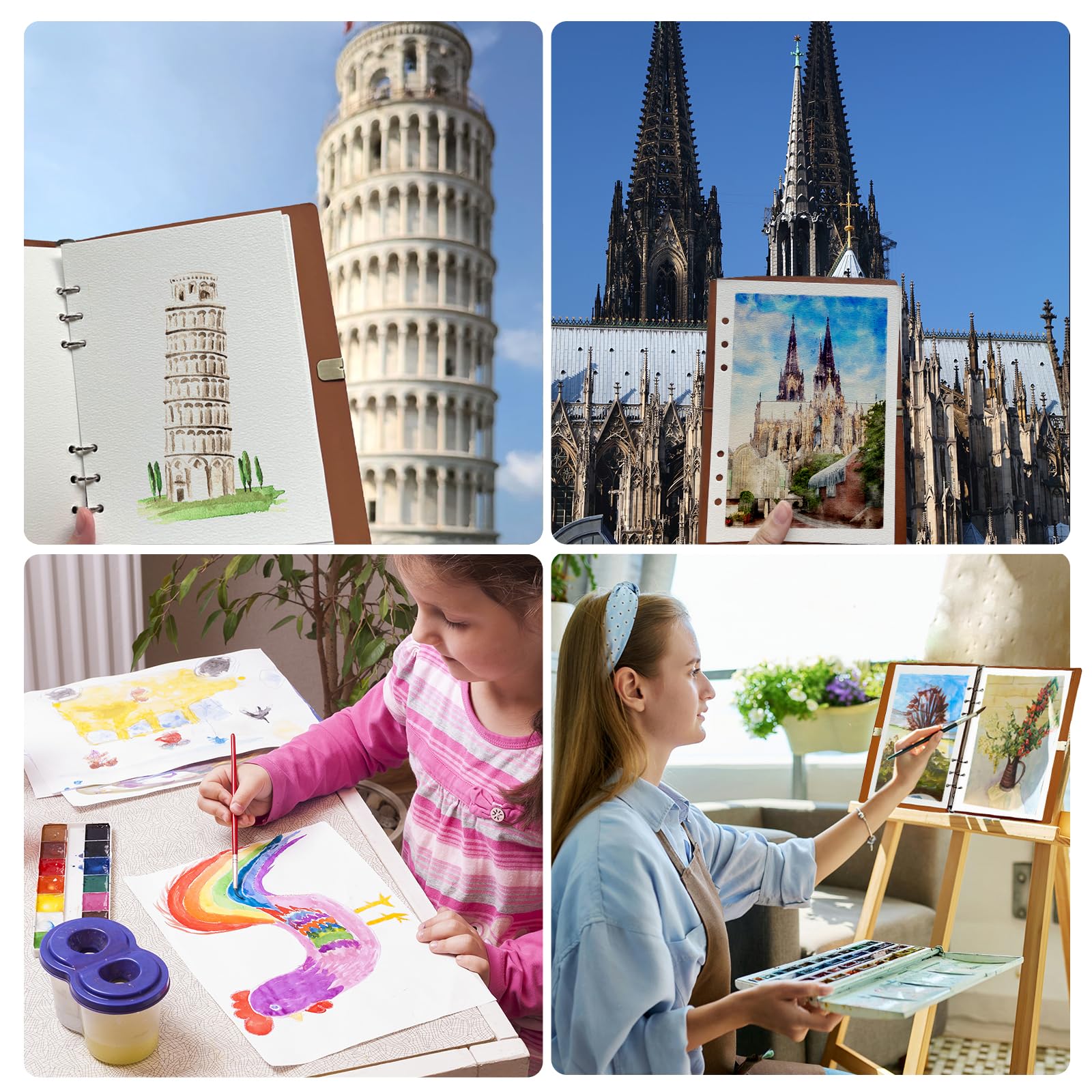 Aquarell-Skizzenbuch, Leder-Aquarell-Tagebuch, 23 x 17 cm, 63,5 kg/300 g/m², 24 Blatt, 48 Seiten, 100 % Baumwolle, Aquarellpapier, Aquarellbuch für Erwachsene, Künstler, Studenten (braun)