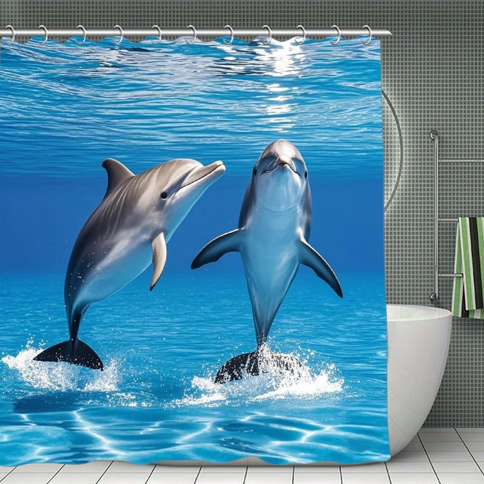 FekiLoot Two Dolphins Shower Curtain Minimalist Thick Bathroom Curtain Washable Modern Bathroom Shower Curtain Heavy Duty Waterproof Cloth Bath Curtain with Hooks 70.8"x70.8"
