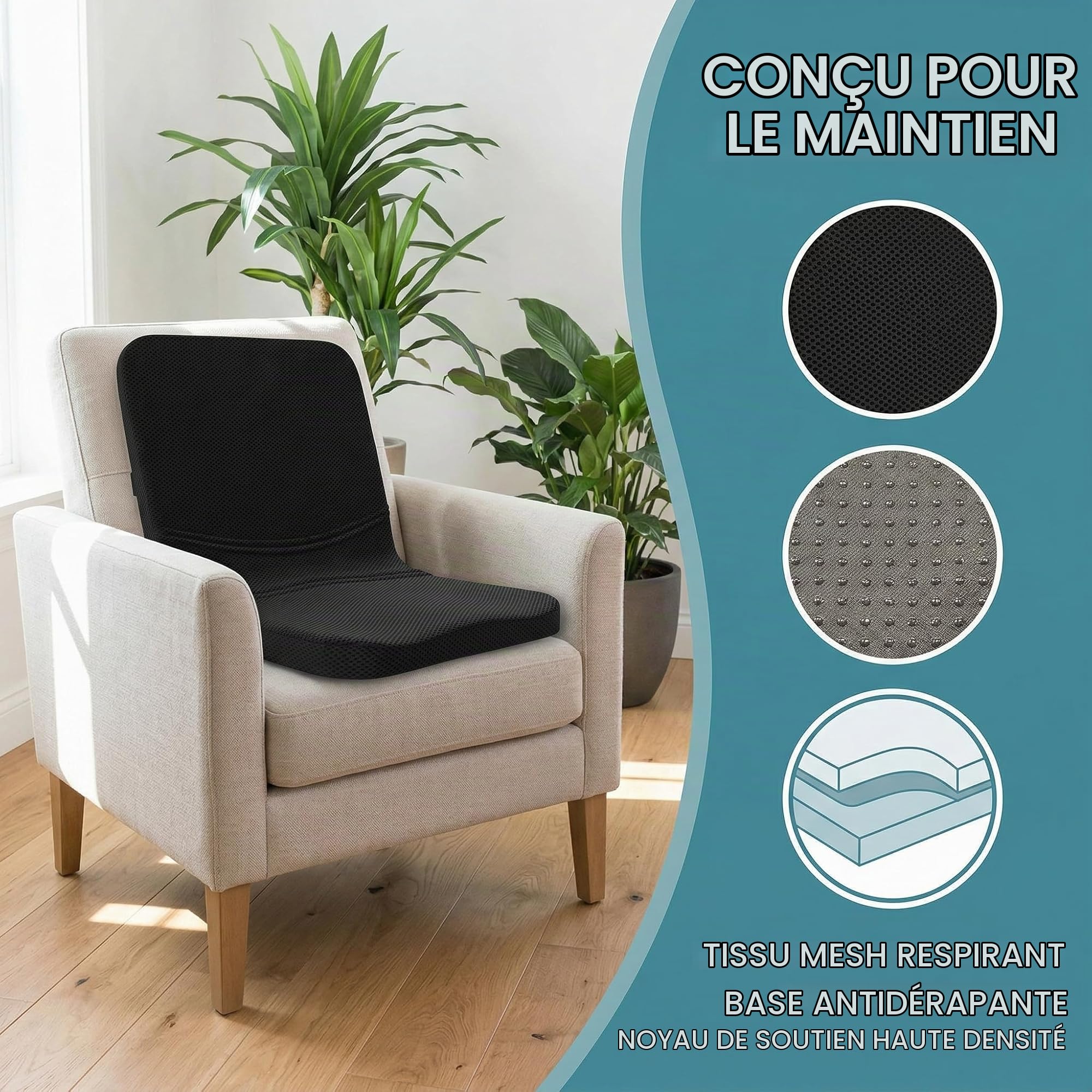bonmedico Coussin orthopédique et coussin de dossier 2 en 1, soutien lombaire ergonomique avec mousse hautement flexible pour chaise de bureau, voiture et maison, idéal comme coussin biseauté