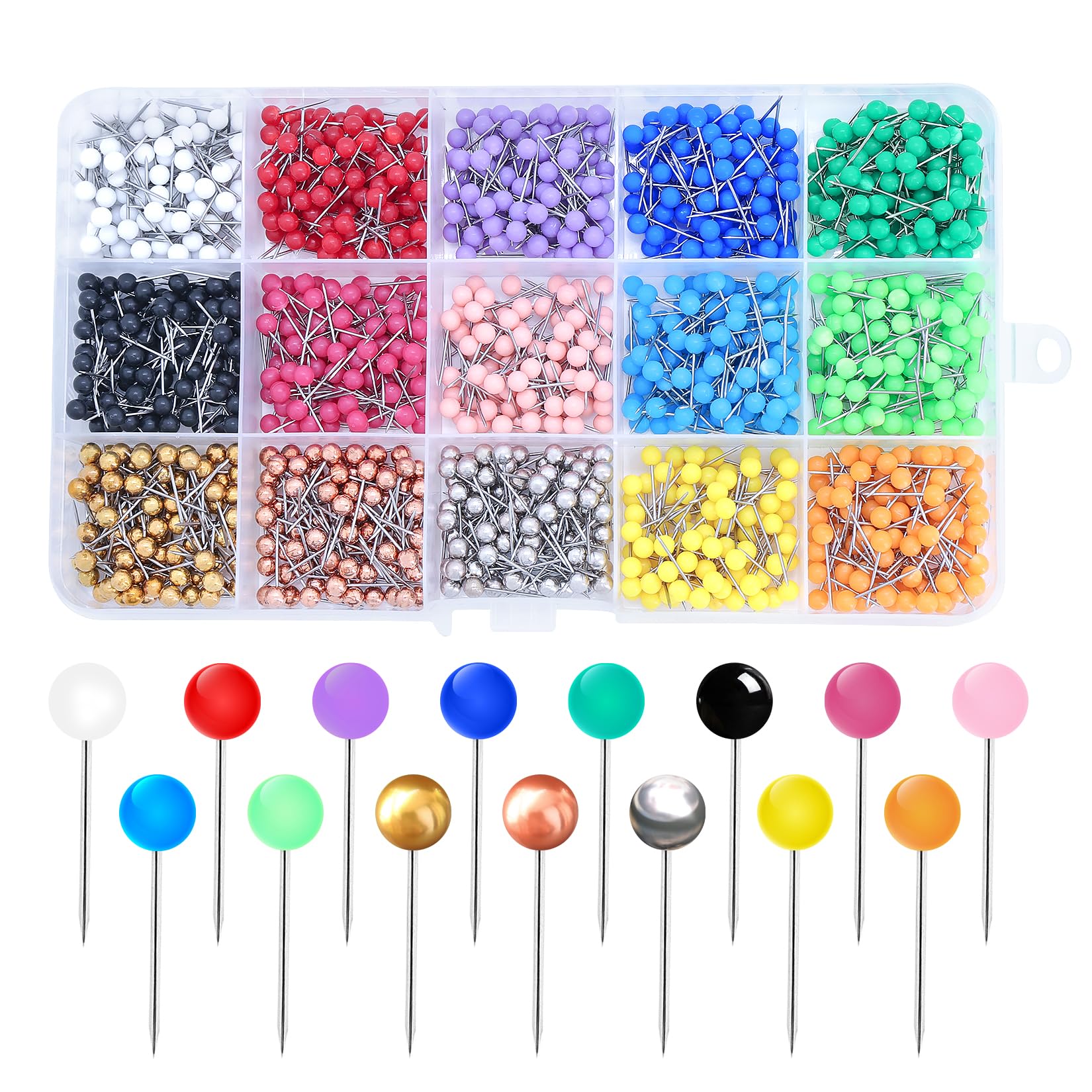 1500 Pcs Map Pins, Round Head Push Pins for Cork Board Pinss, Colorful Thumb Tacks with Steel Points for Travel Maps, Cork Boards, Bulletin Board, Walls, Fabric Marking, Home Office(15 Colors)