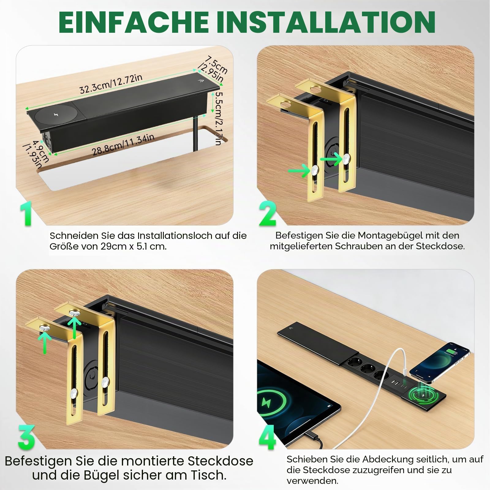 3 Fach Versenkbare Steckdose PD30W und15W Kabelloses Ladegerät und 2 USB C und 2 USB A, Tischsteckdose mit USB Versenkbar und Metall Deckel, Einbausteckdose für Schreibtisch Küche Büro, 1.8 Kable