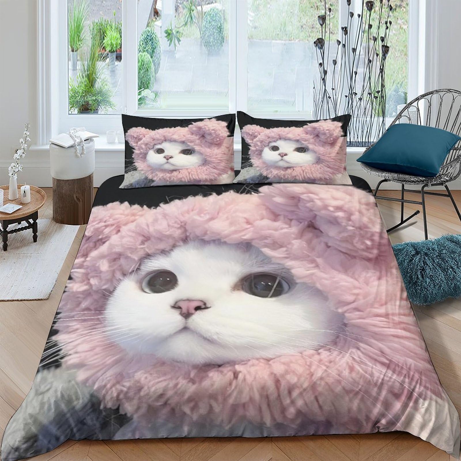 Parure de lit chat mignon avec housse de couette 200x200cm en microfibres