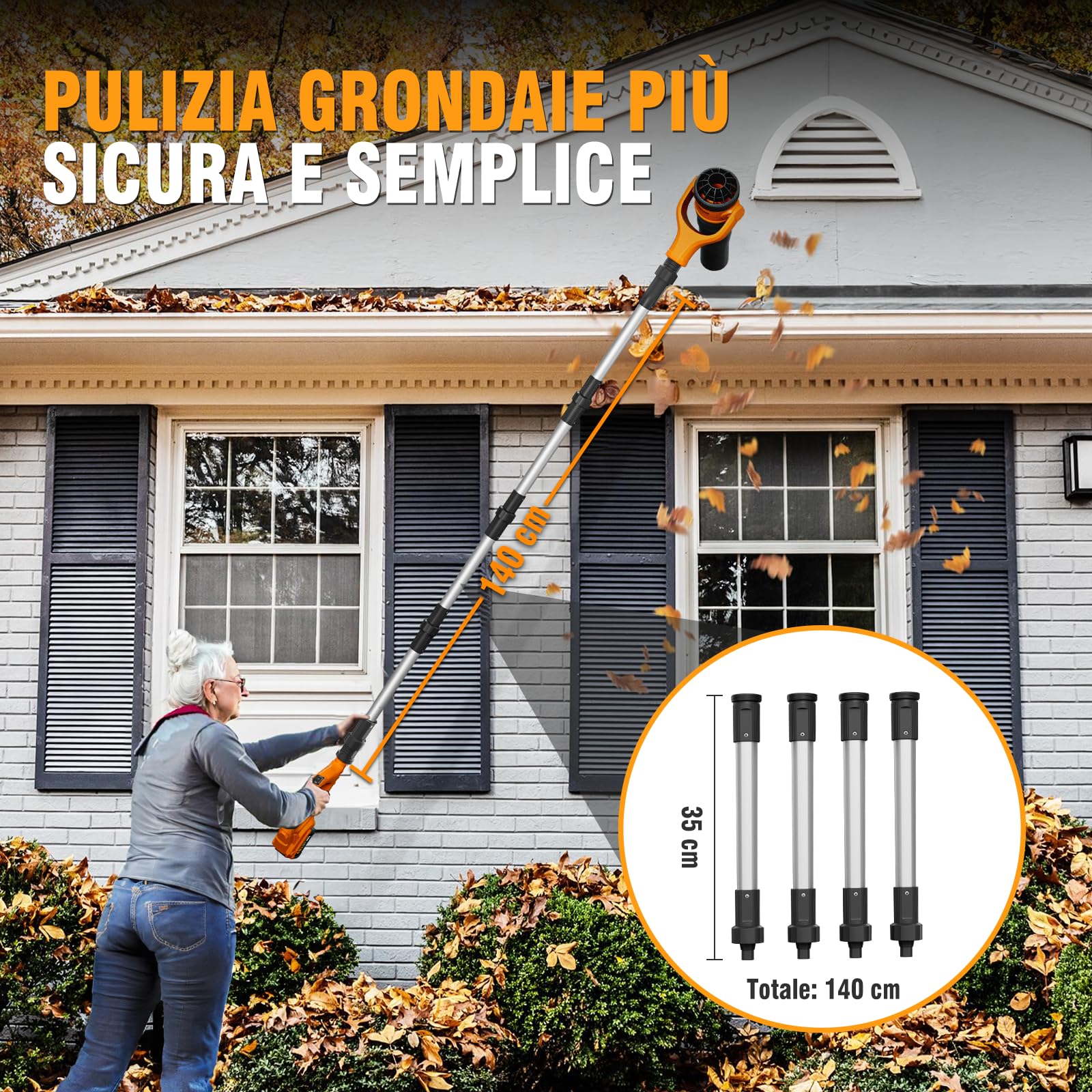 Alloyman Soffiatore a Batteria 40V MAX, Motore Brushless, con Prolunga Telescopica, 2 Batterie da 40V e Caricabatterie, fino a 290 km/h, Portata Aria 985 m³/h, 3 Velocità, Leggero e Compatto