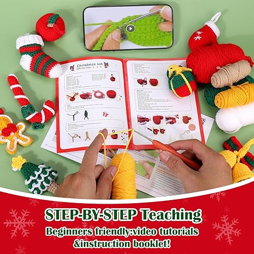 Miniatura 4 de AIERSA Kit de ganchillo de Navidad para principiantes, kit de punto de ganchillo para adultos y niños con hilo y herramienta para hacer manualidades