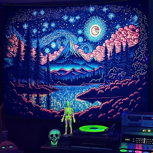 Miniatura 3 de Manicer Tapiz de noche estrellada con luz negra, inspirado en el lago, montaña, luna, estrellas, para colgar en la pared, reactivo a los rayos UV,