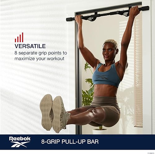 Miniatura 3 de Reebok Barra de dominadas de 8 agarres, barra de entrenamiento multifunción para la parte superior del cuerpo, marco de puerta con 8 asas de espuma