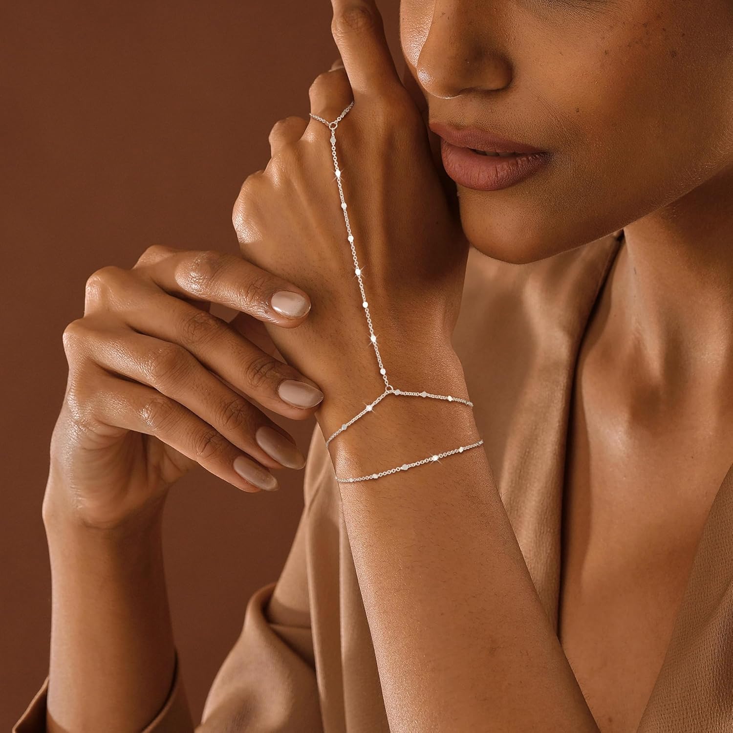 Hand Chain Siver Bracelet for Women, Silver Beaded Ring Hand Chain Finger Ring Cubic Zirconia Dainty 14K Gold Plated Cross Bracelet Chains for Women Simple Body Jewelry - Image 6