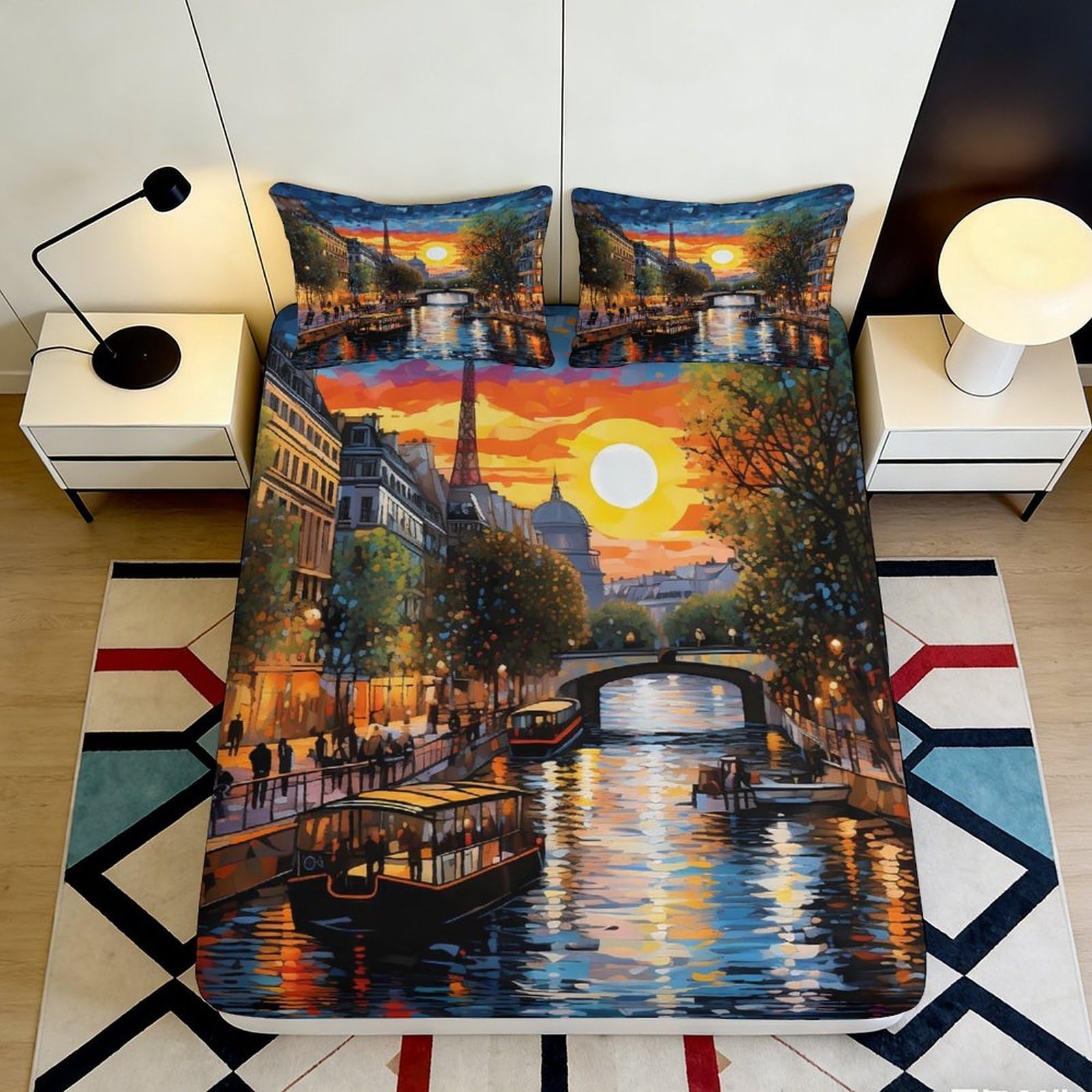 Pnayamiorkfel Style-8 3D Printed Sunset Paris River View Fitted Sheet Microfiber Art Bed Cover Washable For Home Bedroom Decor 90X200x25cm