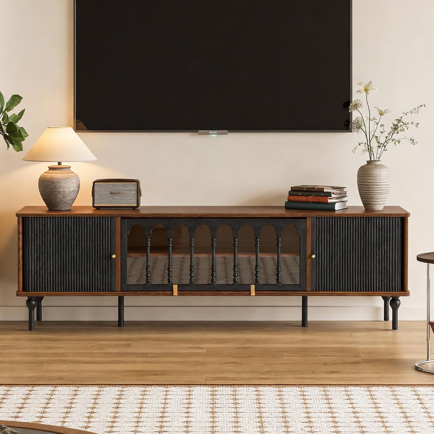 Mid-Century Modern TV Stand for TVs up to 75 Inch, 78.74" Walnut Media Console with with Black Fluted Sliding Doors & Glass Center Cabinet, Entertainment Center for Living Room