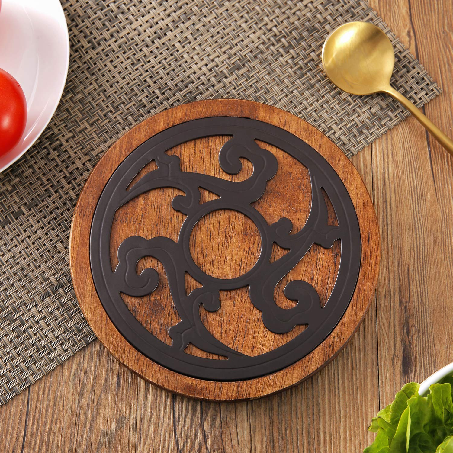 Dessous de Plat en Bois et métal - Rond - Diamètre : 20 cm - Qualité supérieure - Résistant à la Chaleur - pour casseroles Chaudes, poêles à gratin - Convient pour la Cuisine et la Table à Manger