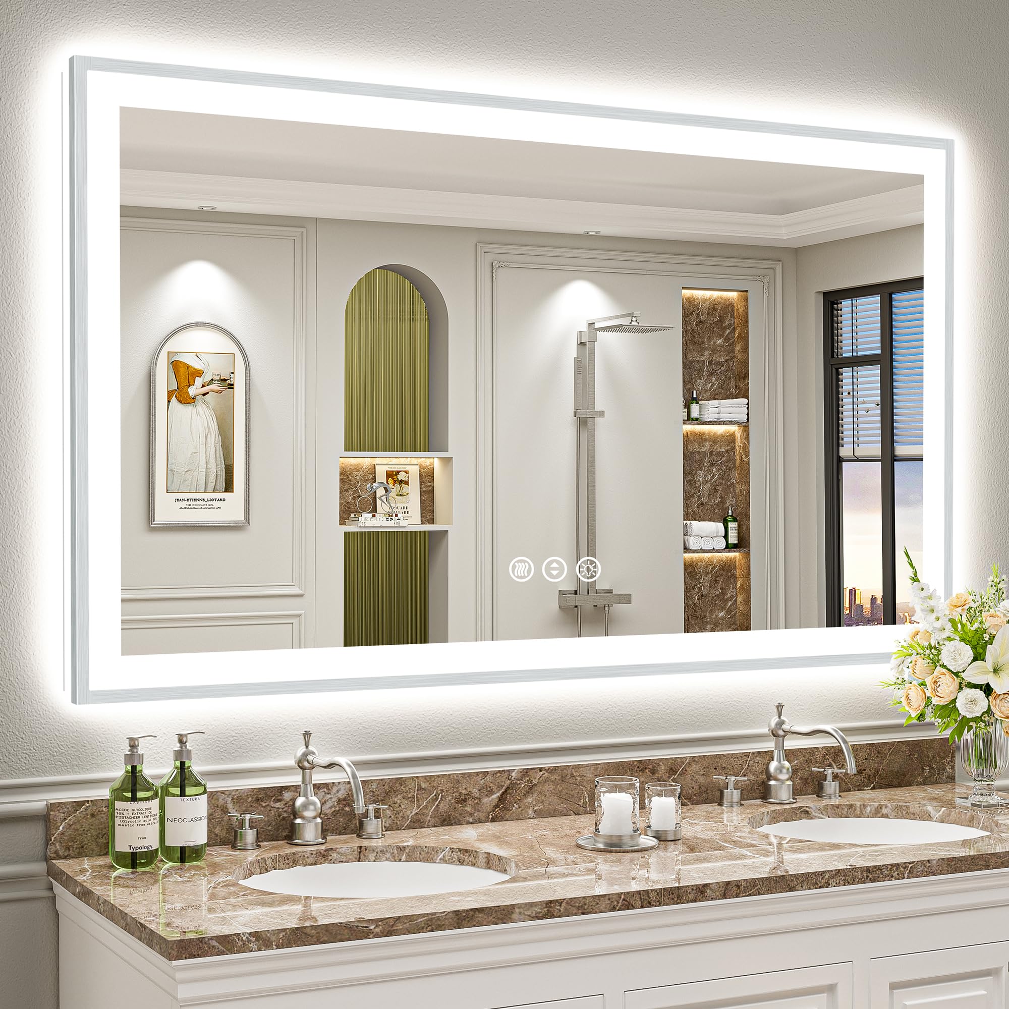 68x38 Inch Brushed Nickel LED Bathroom Mirror, Backlit &amp; Front Lit