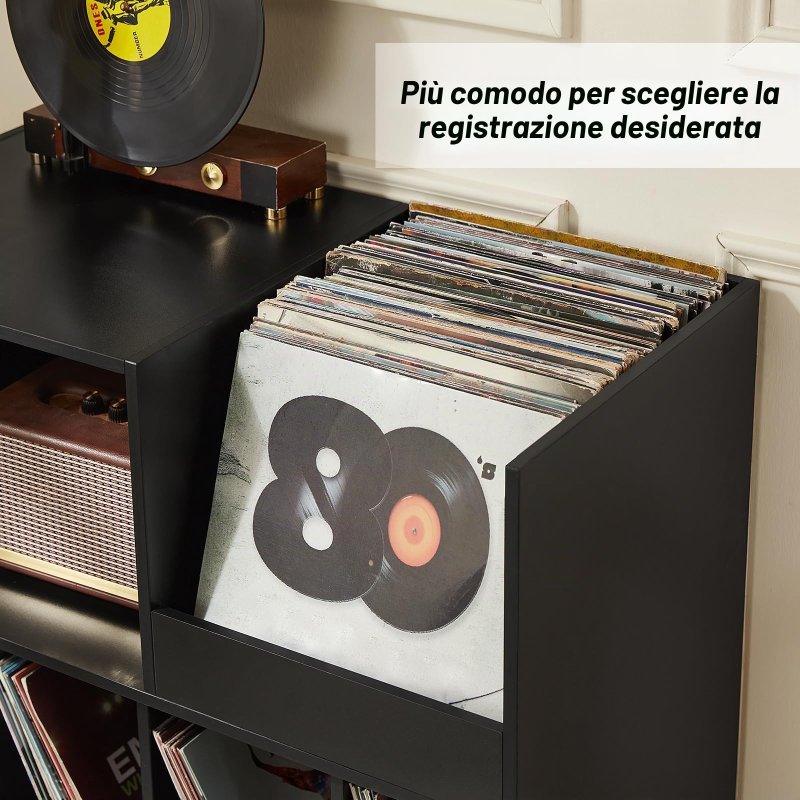 Grande supporto per dischi con contenitore e ripiano, supporto in vinile con superficie di presentazione per fino a 300 album, soluzione per riporre la musica e il soggiorno