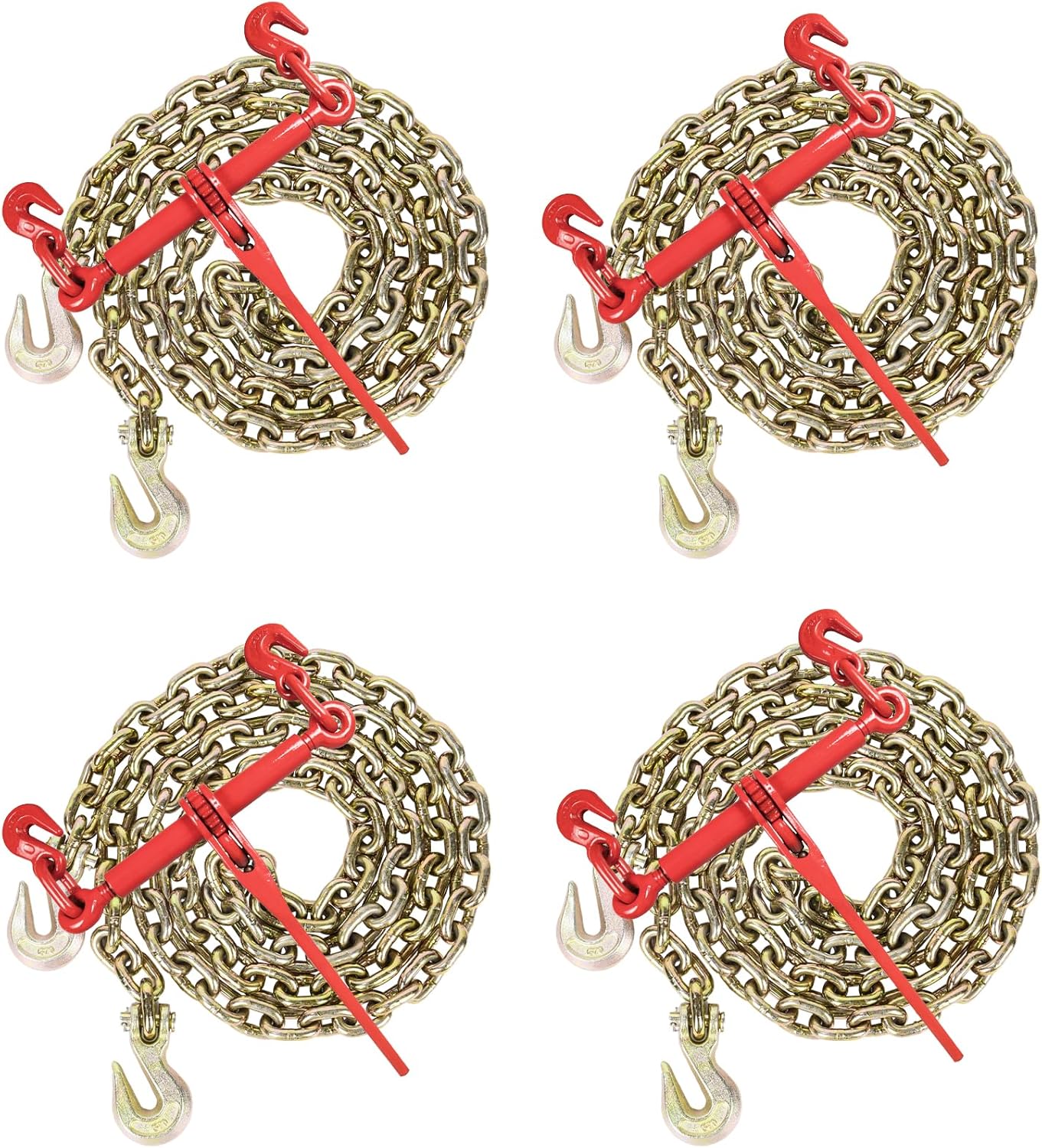 AAIN Chain and Binder Kit?G80 3/8" x 10' Transport Chain and 3/8"-1/2" Load Binder?Ratchet Chain Binders 9,200 LBS WLL?Chain and Binder Set for Industrial Agricultural Traction Applications 4 Pack 3/8"-1/2" + 3/8"x10' 4 Pack