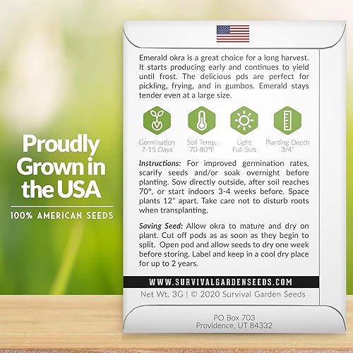 Miniatura 9 de Survival Garden Seeds - Semilla de Okra esmeralda para plantar - Paquete con instrucciones para plantar y cultivar Okra tierna y grande en tu jardín