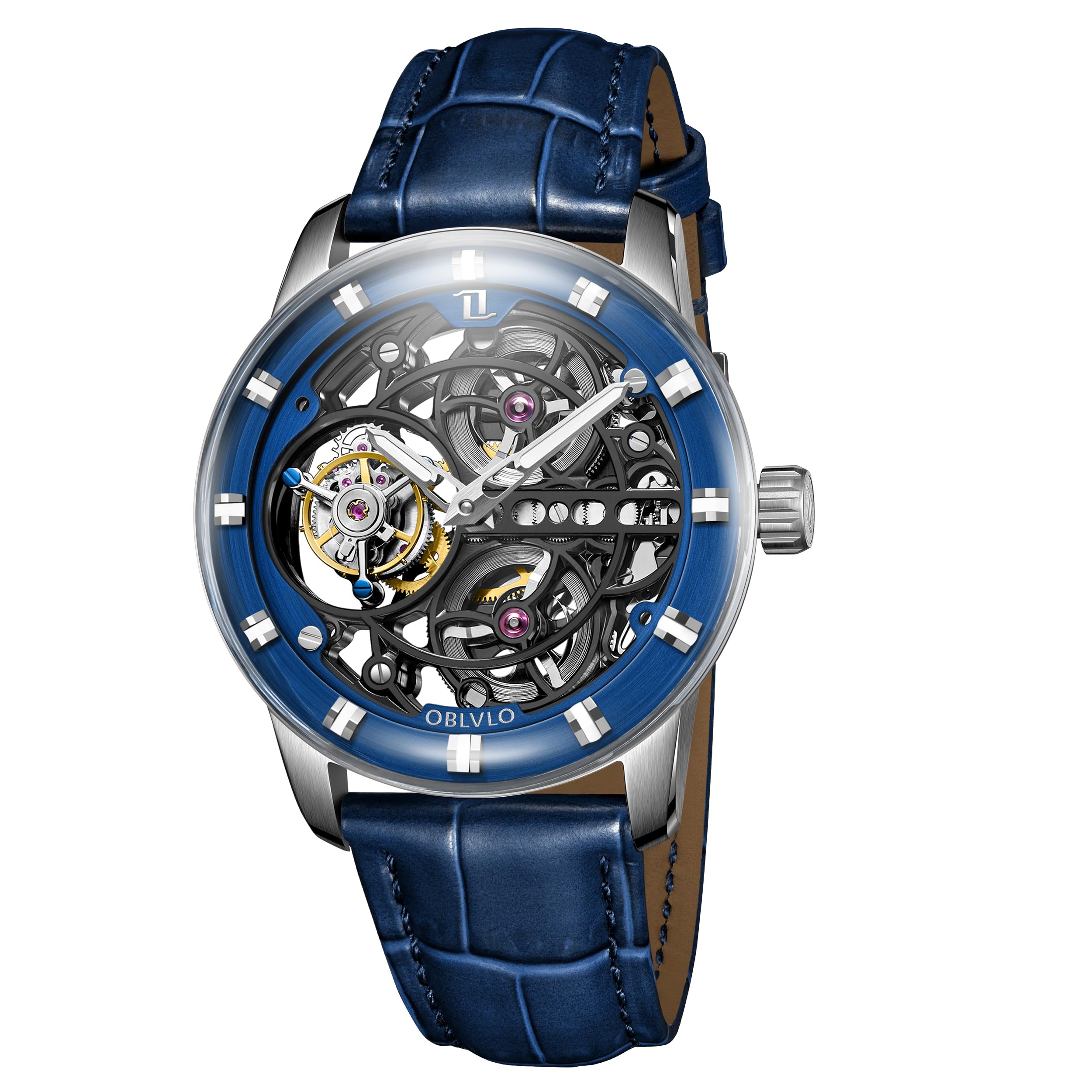 OBLVLO Top-Marke, luxuriös, hohl, wasserdicht, mechanische Herrenuhr, echtes Leder, Saphirglas, Tourbillon, Handaufzug, IM-SK-B-TB