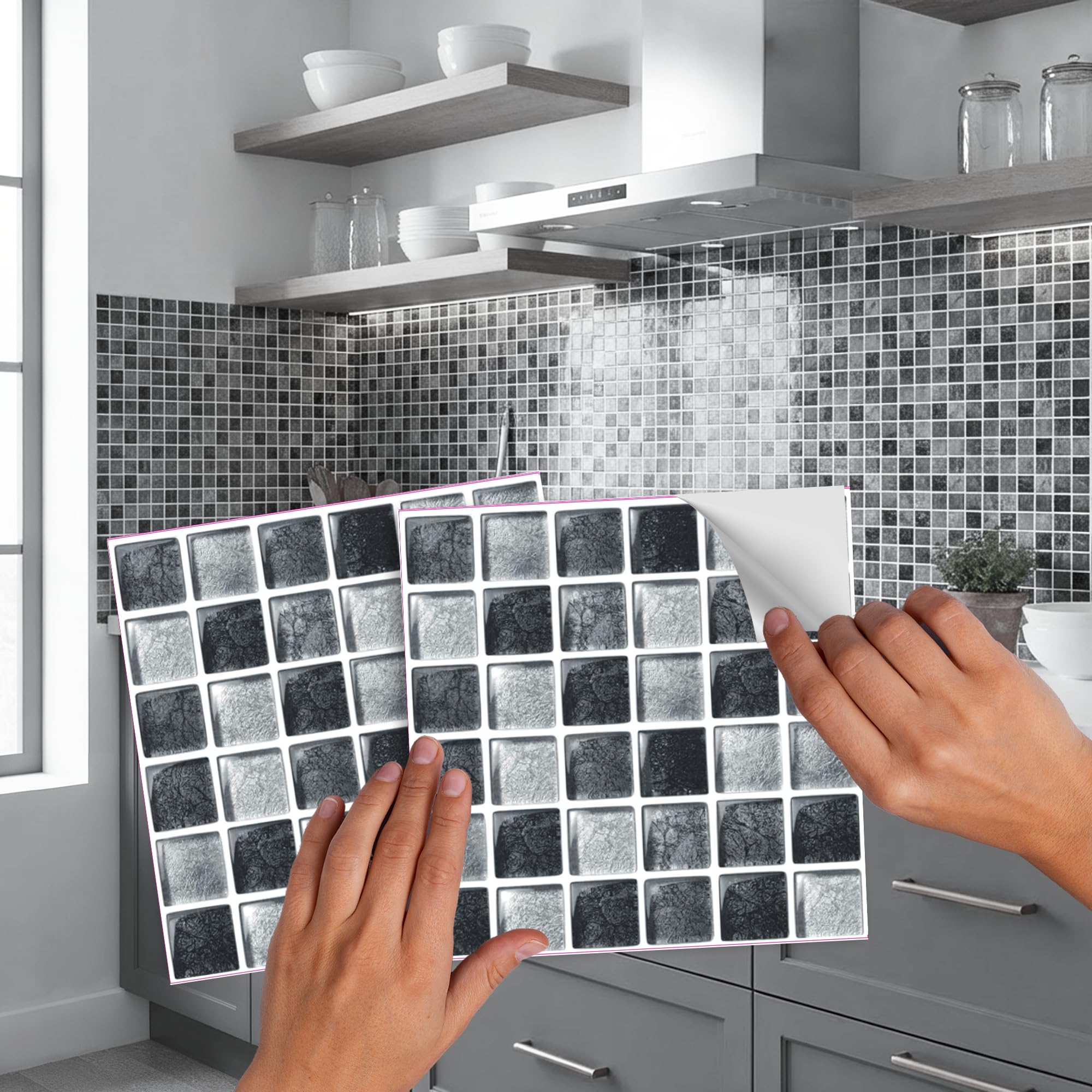 Pack of 20 Tile transfers stickers Traditional modern art bathroom backsplash kitchen splashbacks Vintage Victorian Moroccan Black Cream mosaic peel and stick self adhesive tile cover (Black Metallic)