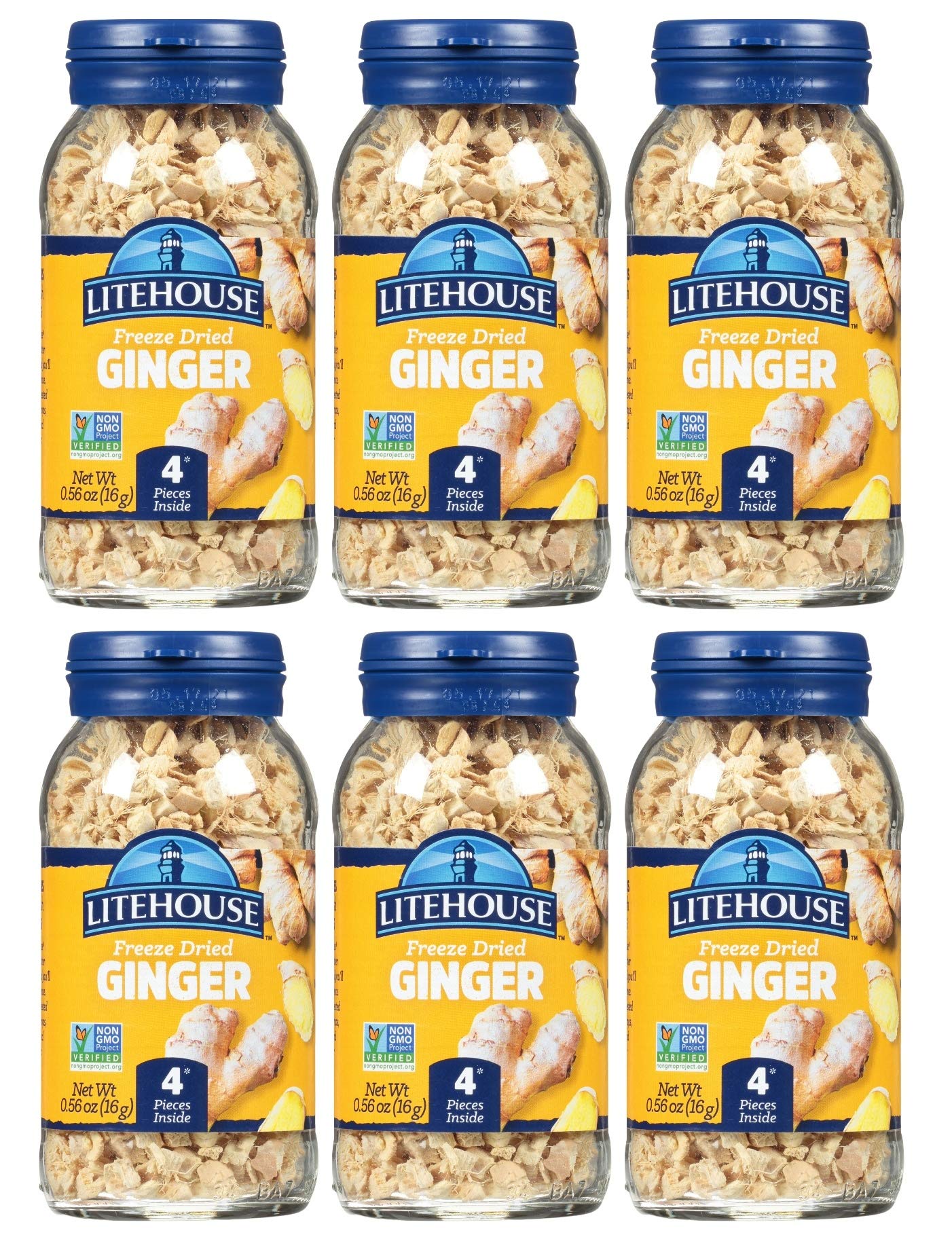 Litehouse Freeze Dried Ginger - Substitute for Fresh Ginger, Frozen Ginger, Equal to 4 Ginger Bunches, Organic Dried Ginger Root Seasoning, Non-GMO, Gluten-Free, Dried Ginger for Tea - 0.56 Oz, 6-Pack