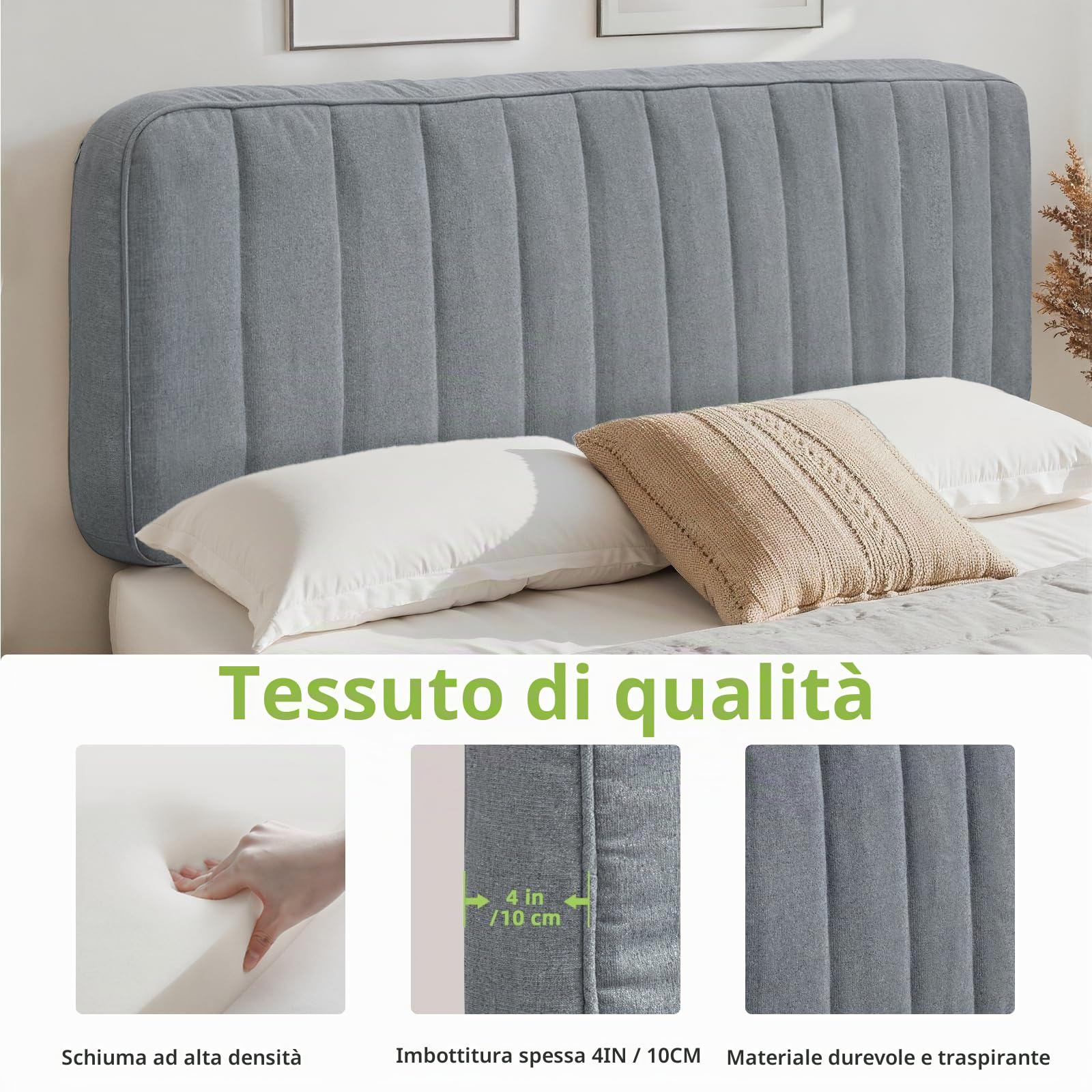 Testiera Capitonnè – Testiera imbottita in lino, montaggio senza utensili, schienale autoportante multiuso, copertura rimovibile e lavabile,183cm,grigio