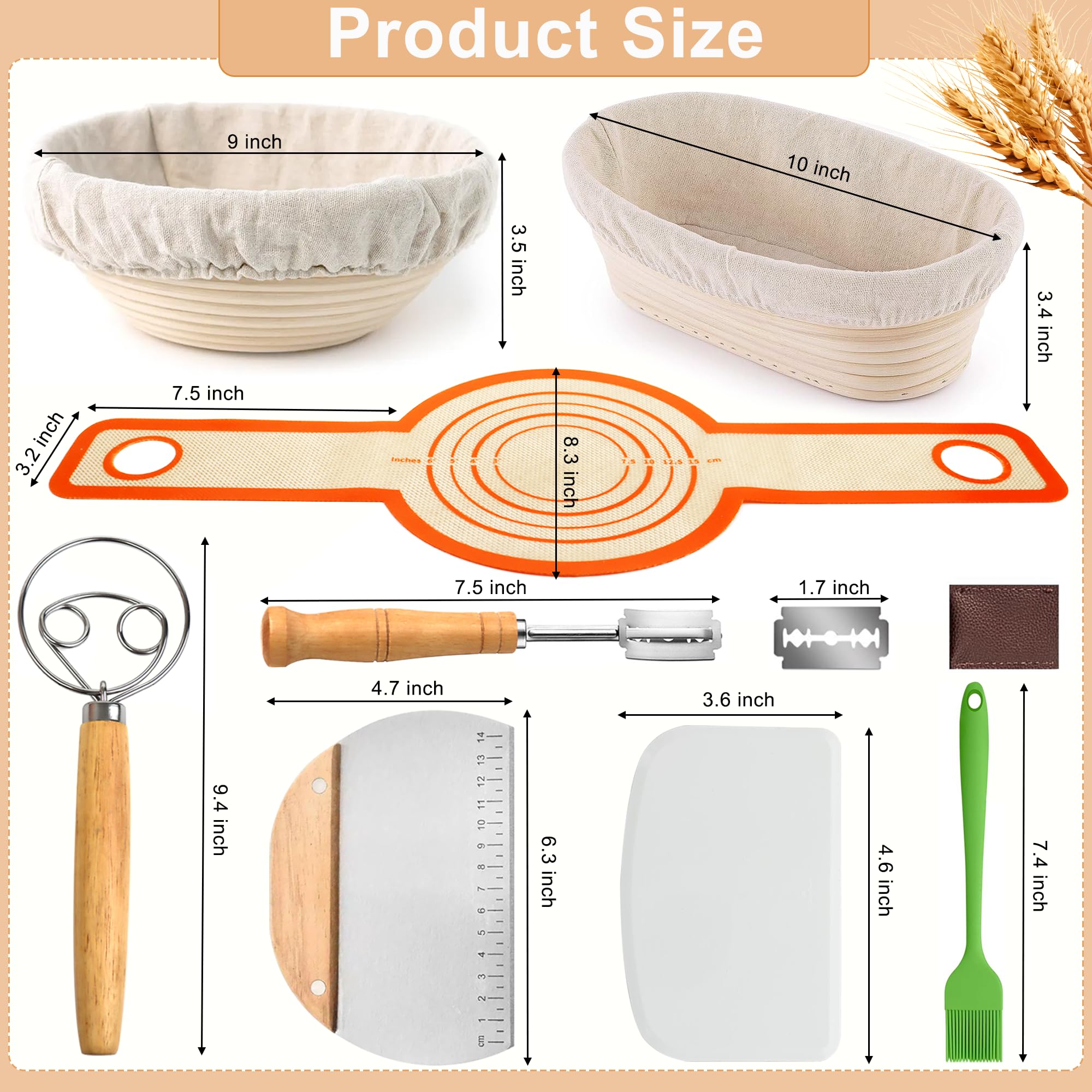 Banneton Brotgärkorb-Set, 22,9 cm rund und 25,4 cm oval, Sauerteig-Brotbackzubehör mit Leineneinlagen, komplettes Brotgärkörbchen-Set