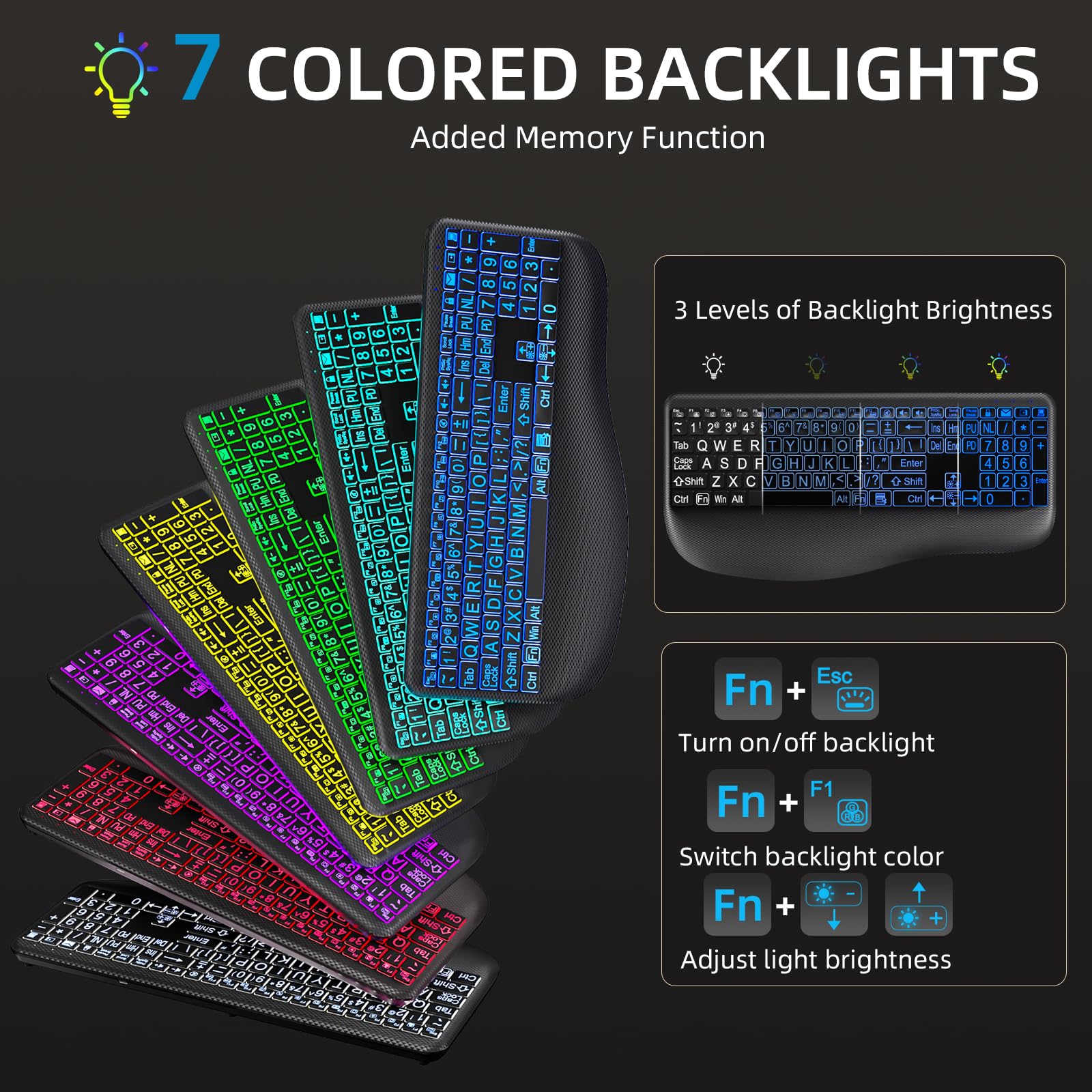 Tastiera wireless retroilluminata con stampa grande, tastiere silenziose con poggiapolsi, illuminazione a 7 colori, tasti silenziosi a basso profilo, tastiera wireless ricaricabile da 2,4 G per
