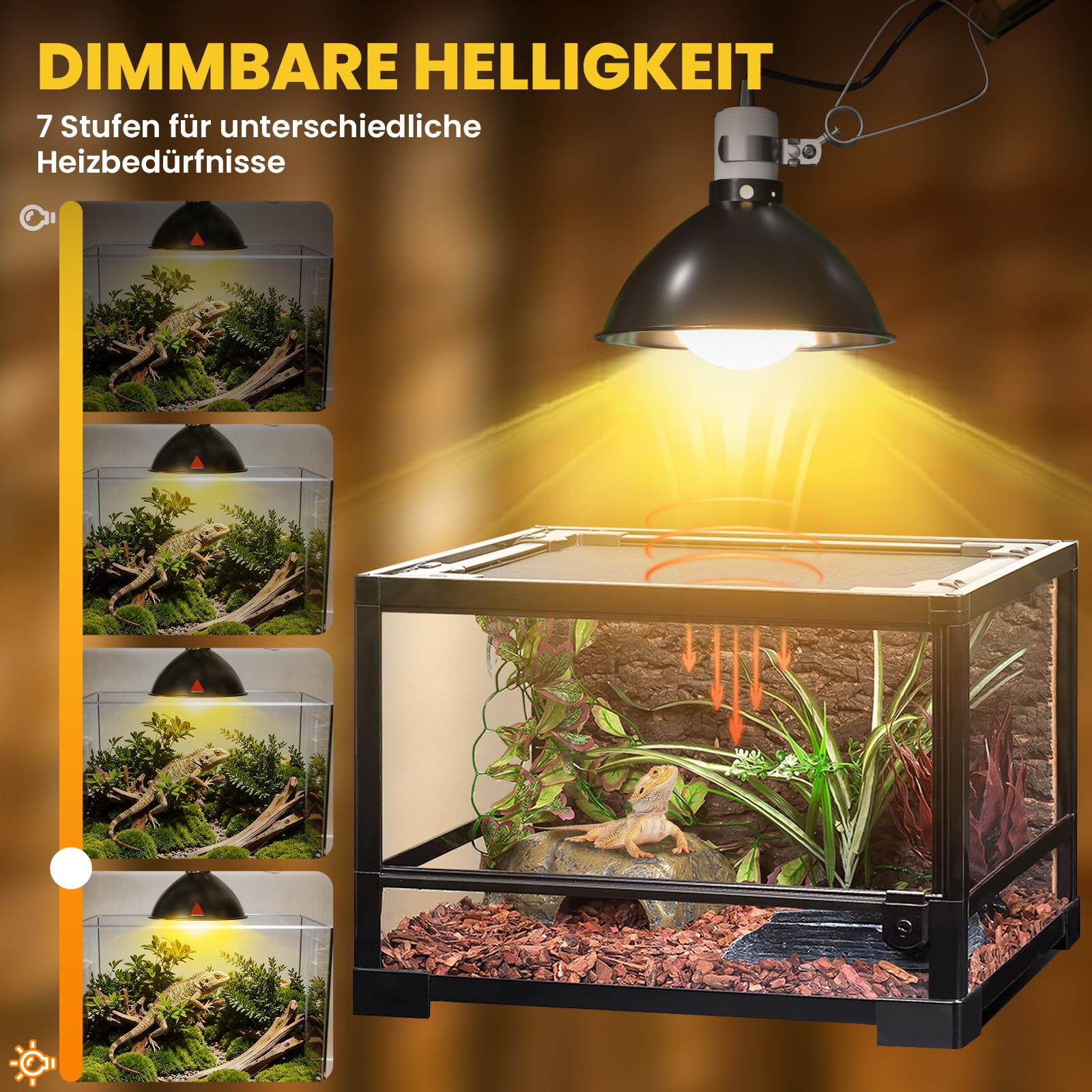 Wärmelampe Schildkröten, 200w Wärmelampe mit Timer für Schildkröten, 8,5 Zoll Terrarien lampe dimmbar, Reptilien Reflektor mit Klemmbefestigung
