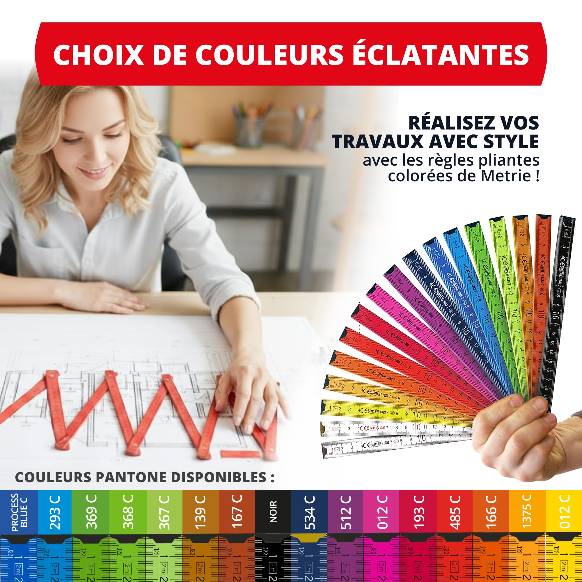 Metrie™ BLOCK 52 Mètre pliant – Mètre en bois 2 m | Blanc – Graduation duplex, Fabriqué dans l’UE | Robuste et précis | pour Artisans et Bricoleurs | 10 pièces