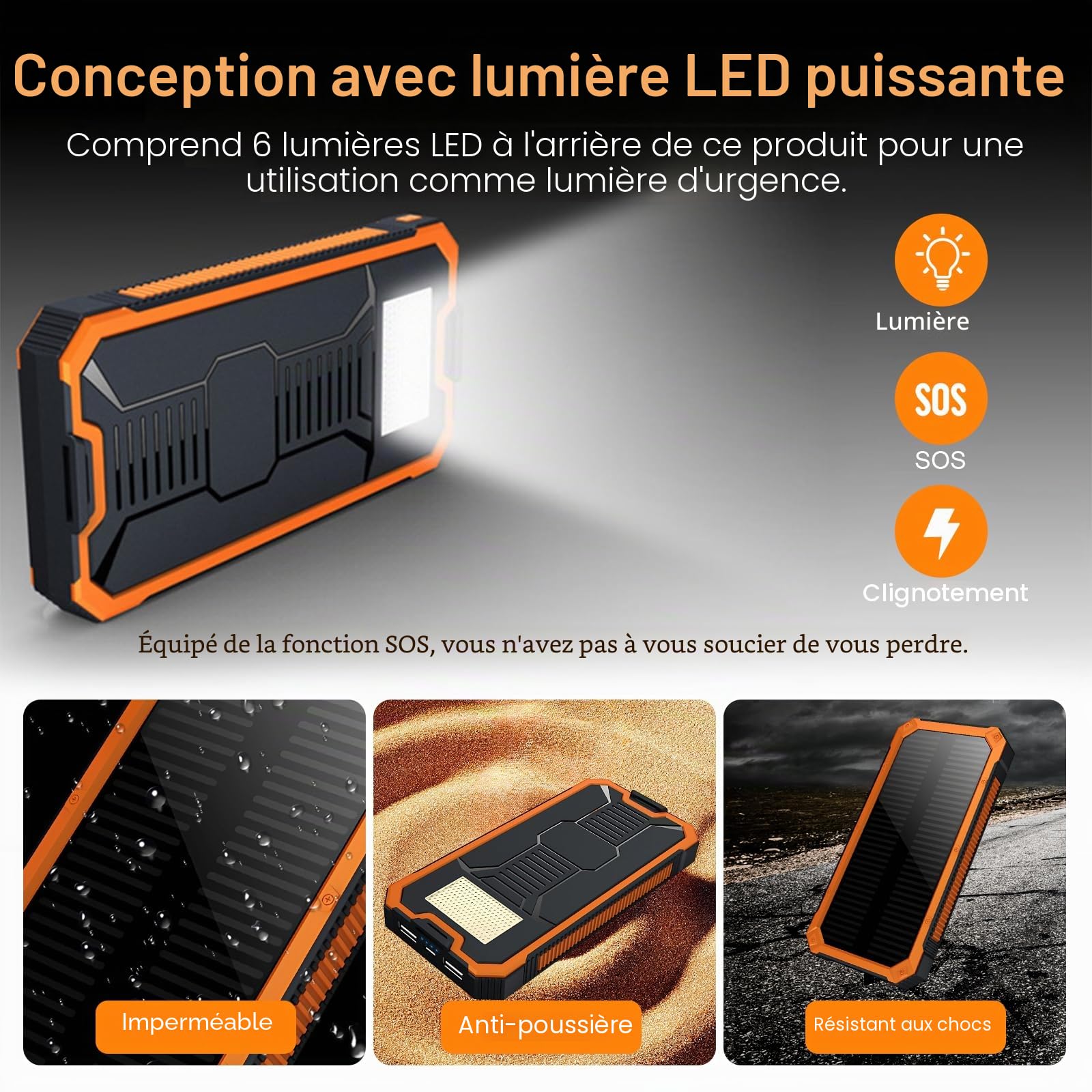 Chargeur Solaire 20000mAh avec Deux Ports USB et Lumière LED,Téléphone Solaire Powerbank Portable pour Smartphones, Tablette, Outdoor Camping
