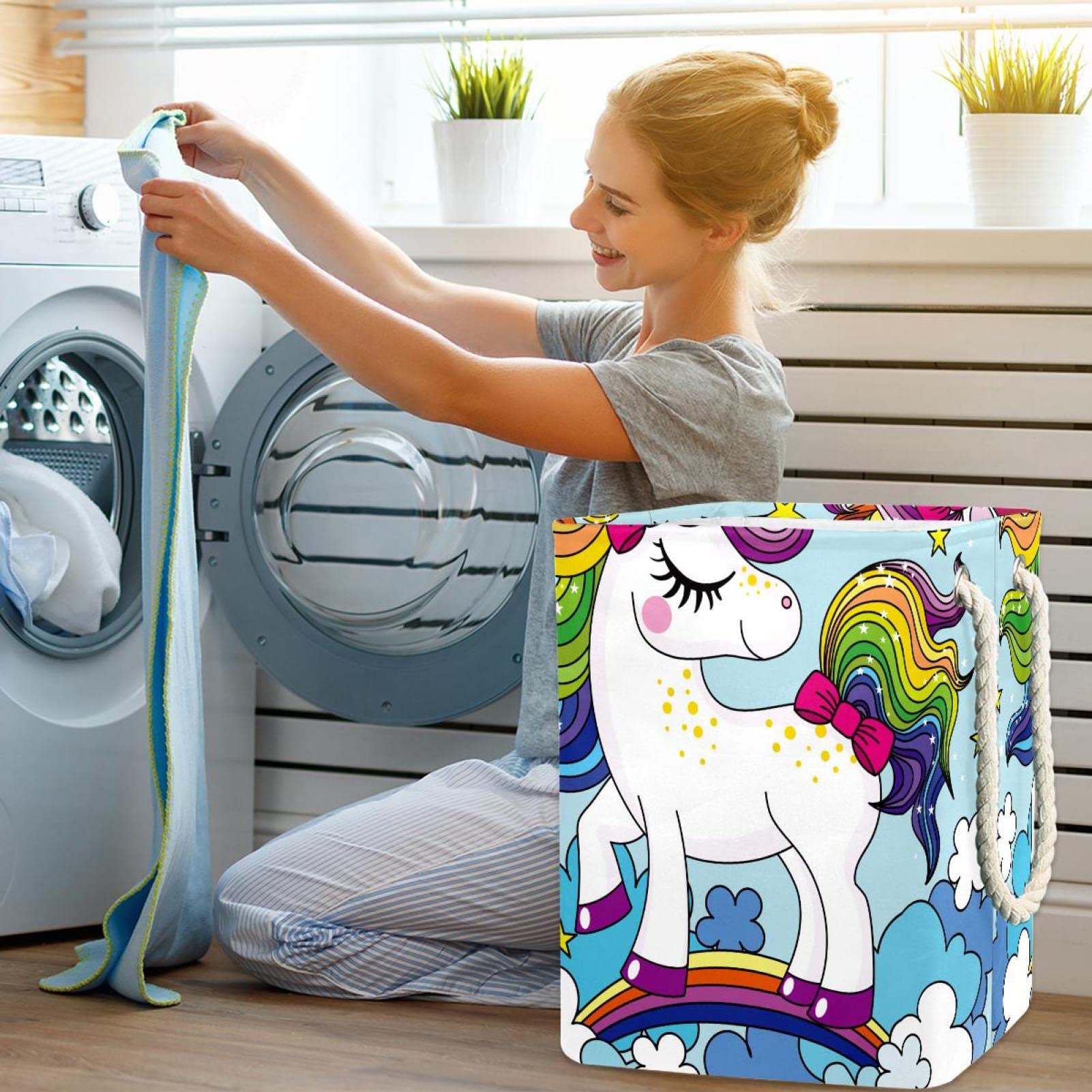 Cesta impermeable para la ropa sucia con asa, diseño de unicornio, color azul