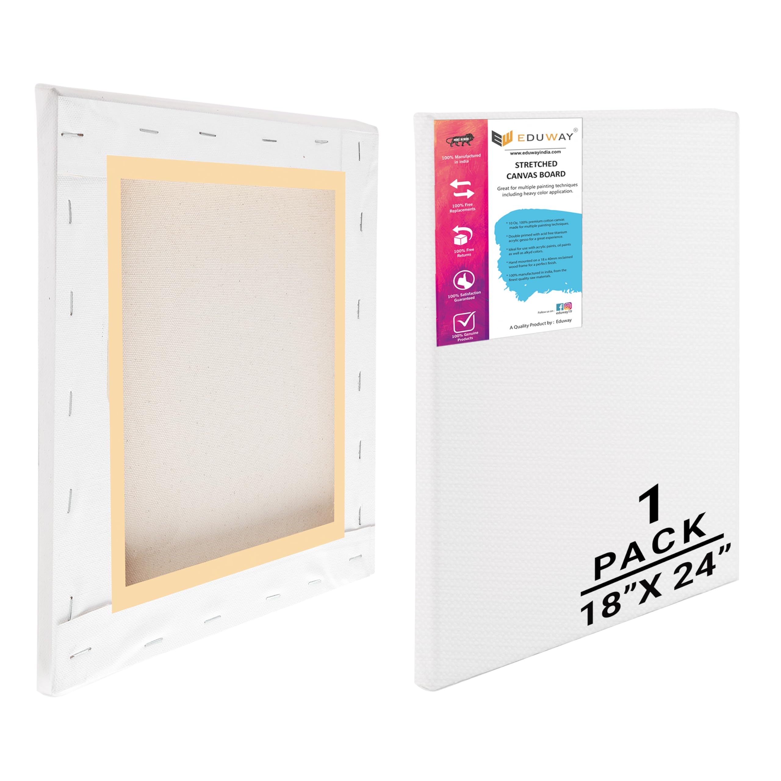 18x24 inches Pre Stretched Medium Grain 7Oz Primed Cotton Painting Canvas with Wooden Frame for Beginners & Artist | Suitable with Acrylic, Oil, Water Colours- (Set of 1)