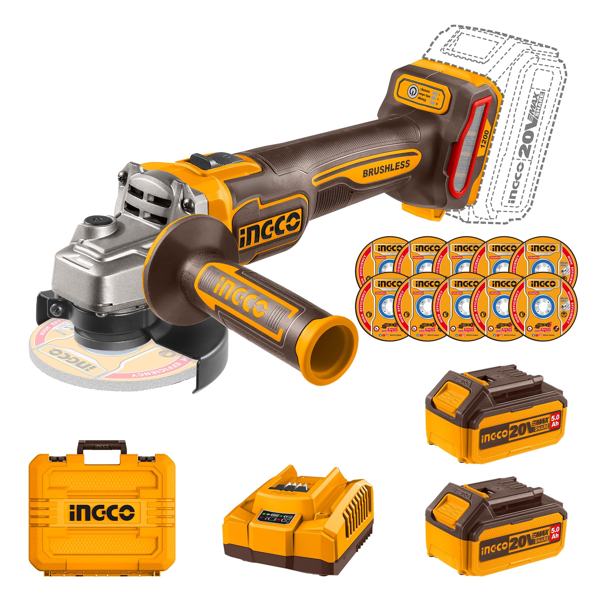 Ingco 20VCordless Angle Grinder Machine,Cutter machine with 4.0Ah Batt