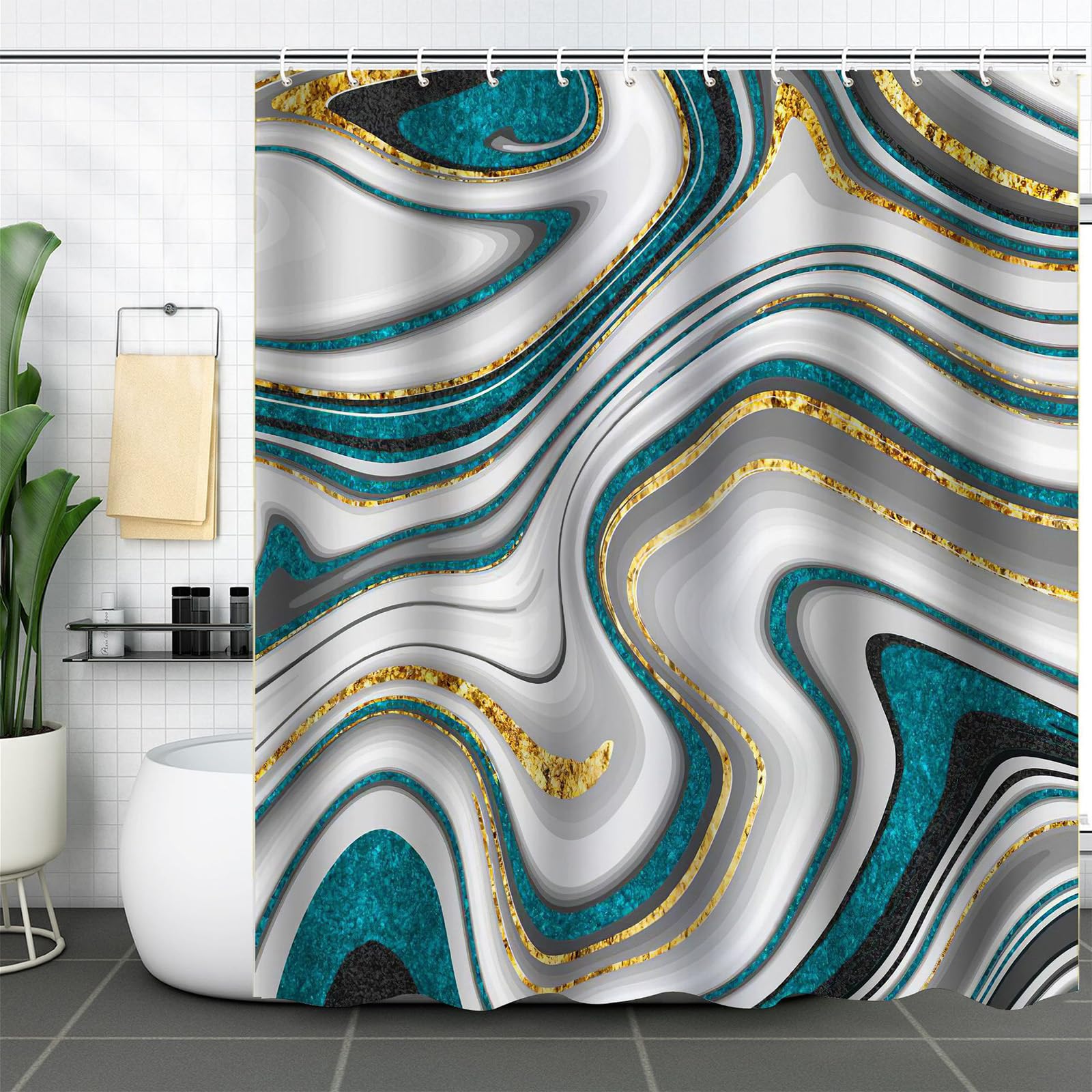 FAIRYGATE Vorhang Blau Badezimmer Badevorhang Duschvorhang Abstrakte Moderne Duschvorhänge 180 x 180 cm Anti Schimmel Wasserdicht Polyester Stoff Waschbar Bad Vorhäng für Badzimmer mit Haken B9023