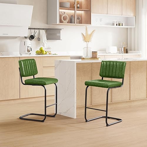 Miniatura 2 de Juego de 2 taburetes de bar de ratán de piel sintética de 26 pulgadas con respaldo de caña natural y patas de metal, sillas modernas de mediados de