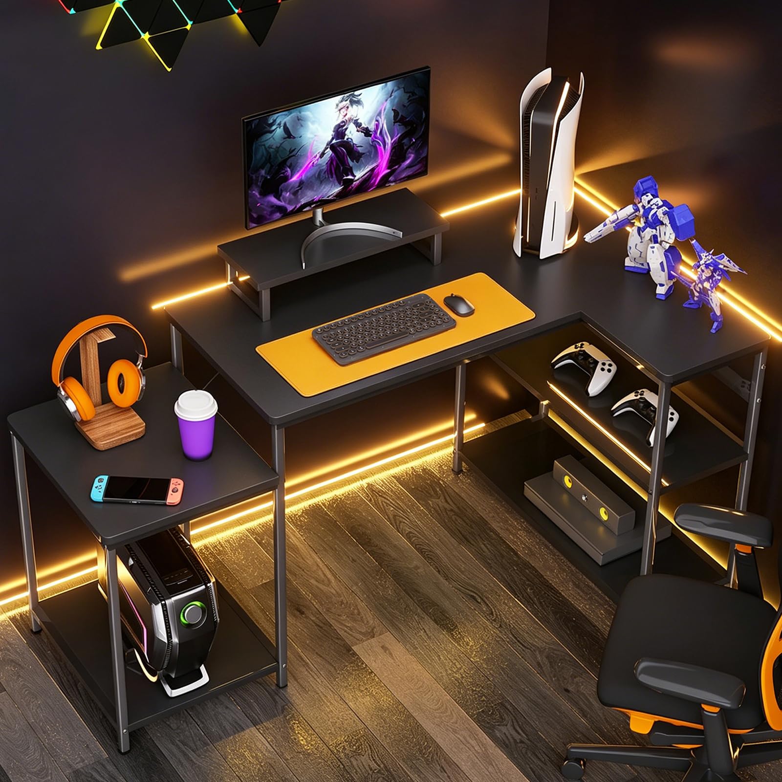 Escritorio Esquinero, 152x80cm Mesa Escritorio en L con Monitor Stand, Escritorios Esquina Reversible con Almacenamiento para Oficina en Casa, Altura Regulable Escritorios Gaming, Negro