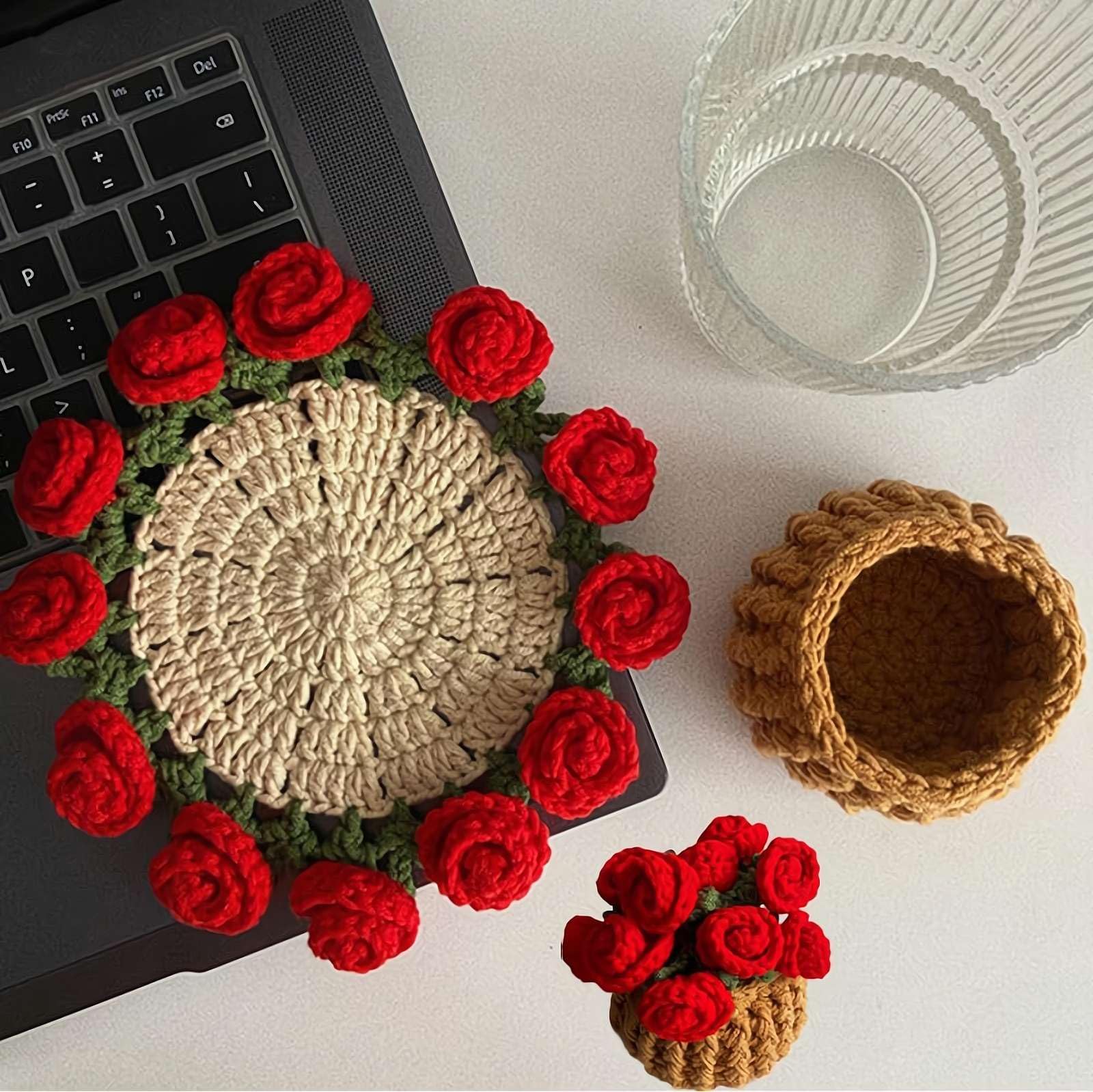 Vintage Crochet Flower Blanket Coasters - 7.8in Handmade Floral Bouquet Material Pack, DIY Coasters Gifts for Women Mother's Day