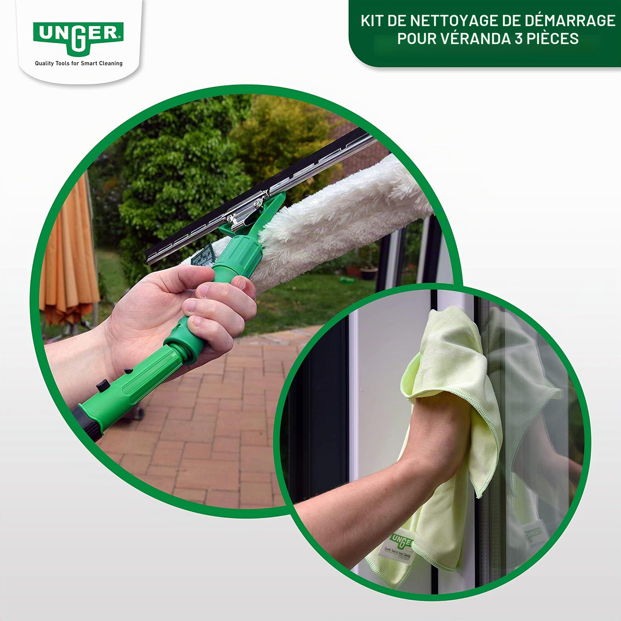 UNGER AK131 Kit de Nettoyage pour vitres 1,25 m (avec raclette pour vitres, Tige d'extension, Chiffons en Microfibre, Nettoyage sans Traces)